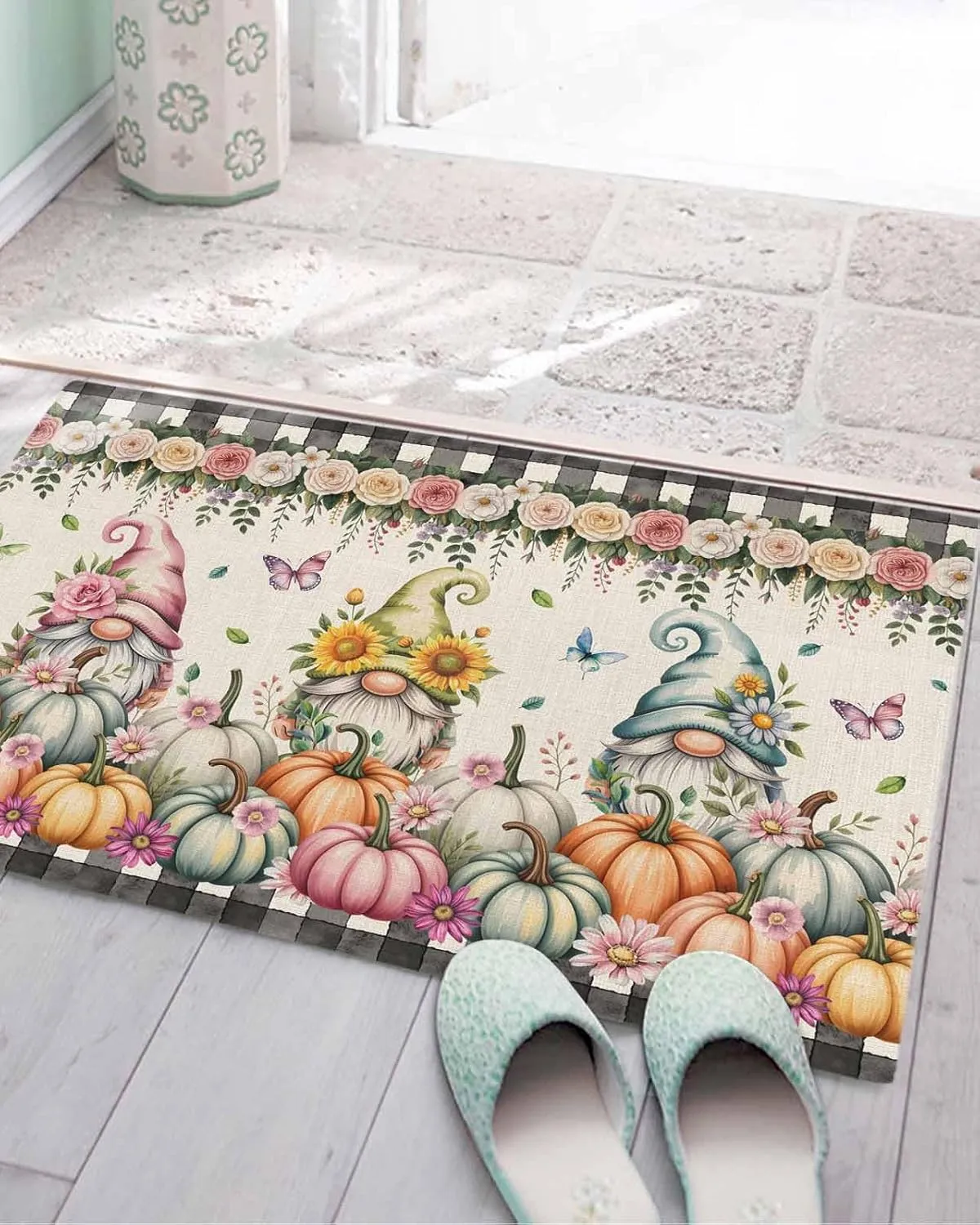 Indoor Doormat Fall Gnoms Pumpkin Sunflower,Shaggy Floor Mat with Non-Skid Backing Classic Black Buffalo on Retro,Machine Washable Plush Area Rug Carpets for Kitchen Nursery Bedroom