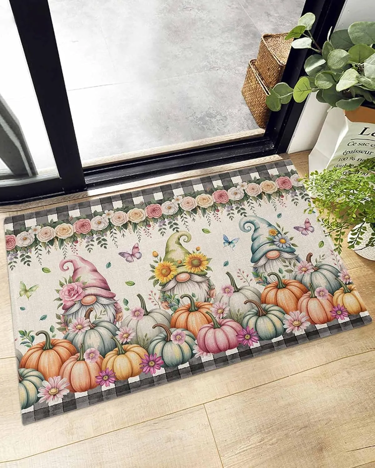 Indoor Doormat Fall Gnoms Pumpkin Sunflower,Shaggy Floor Mat with Non-Skid Backing Classic Black Buffalo on Retro,Machine Washable Plush Area Rug Carpets for Kitchen Nursery Bedroom