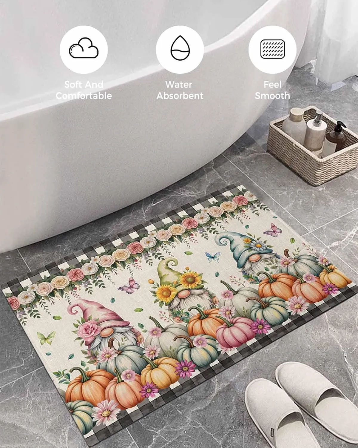 Indoor Doormat Fall Gnoms Pumpkin Sunflower,Shaggy Floor Mat with Non-Skid Backing Classic Black Buffalo on Retro,Machine Washable Plush Area Rug Carpets for Kitchen Nursery Bedroom