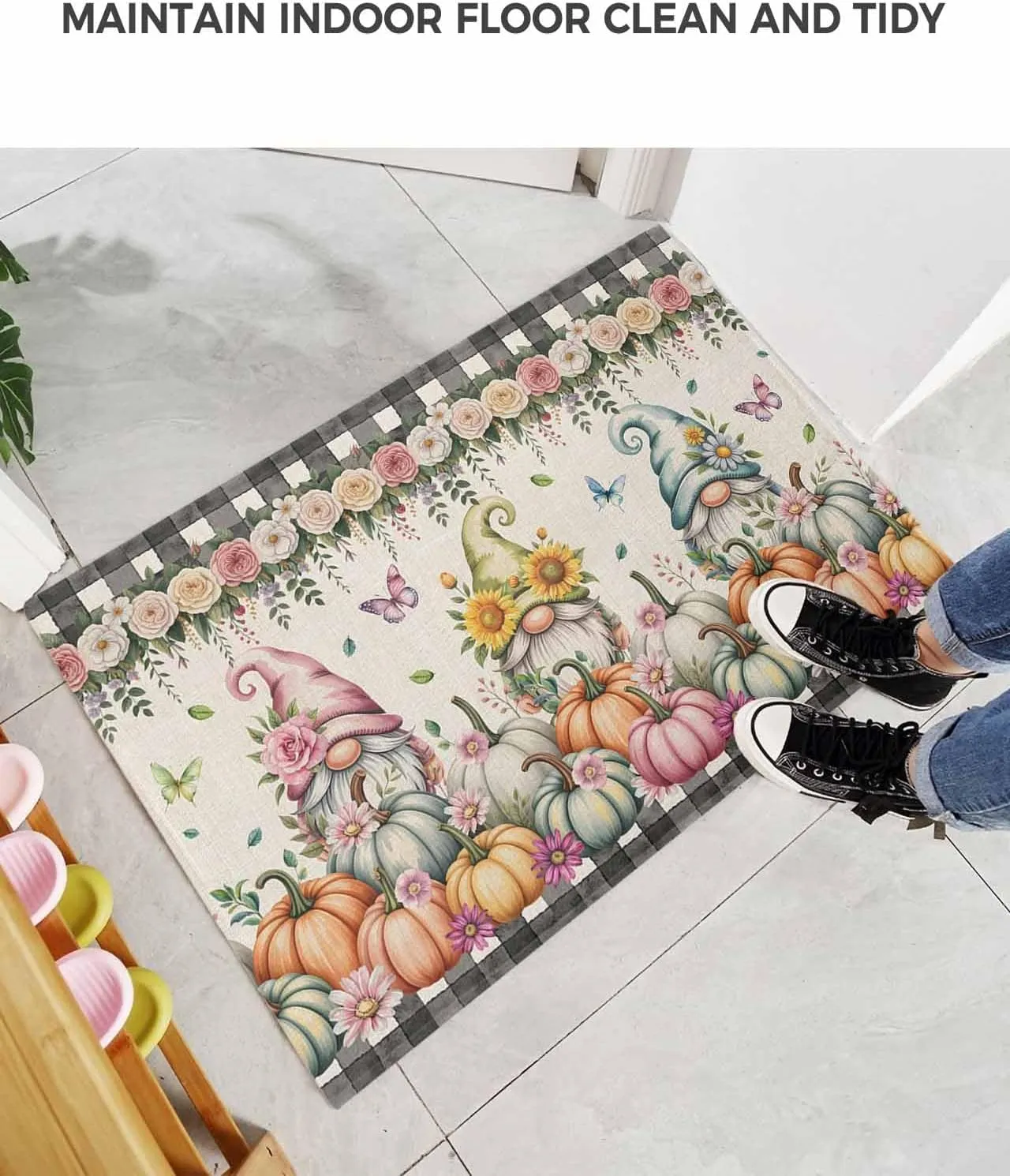 Indoor Doormat Fall Gnoms Pumpkin Sunflower,Shaggy Floor Mat with Non-Skid Backing Classic Black Buffalo on Retro,Machine Washable Plush Area Rug Carpets for Kitchen Nursery Bedroom