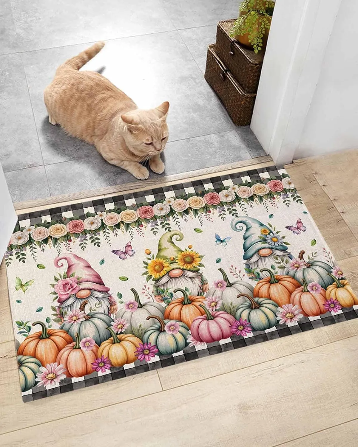 Indoor Doormat Fall Gnoms Pumpkin Sunflower,Shaggy Floor Mat with Non-Skid Backing Classic Black Buffalo on Retro,Machine Washable Plush Area Rug Carpets for Kitchen Nursery Bedroom
