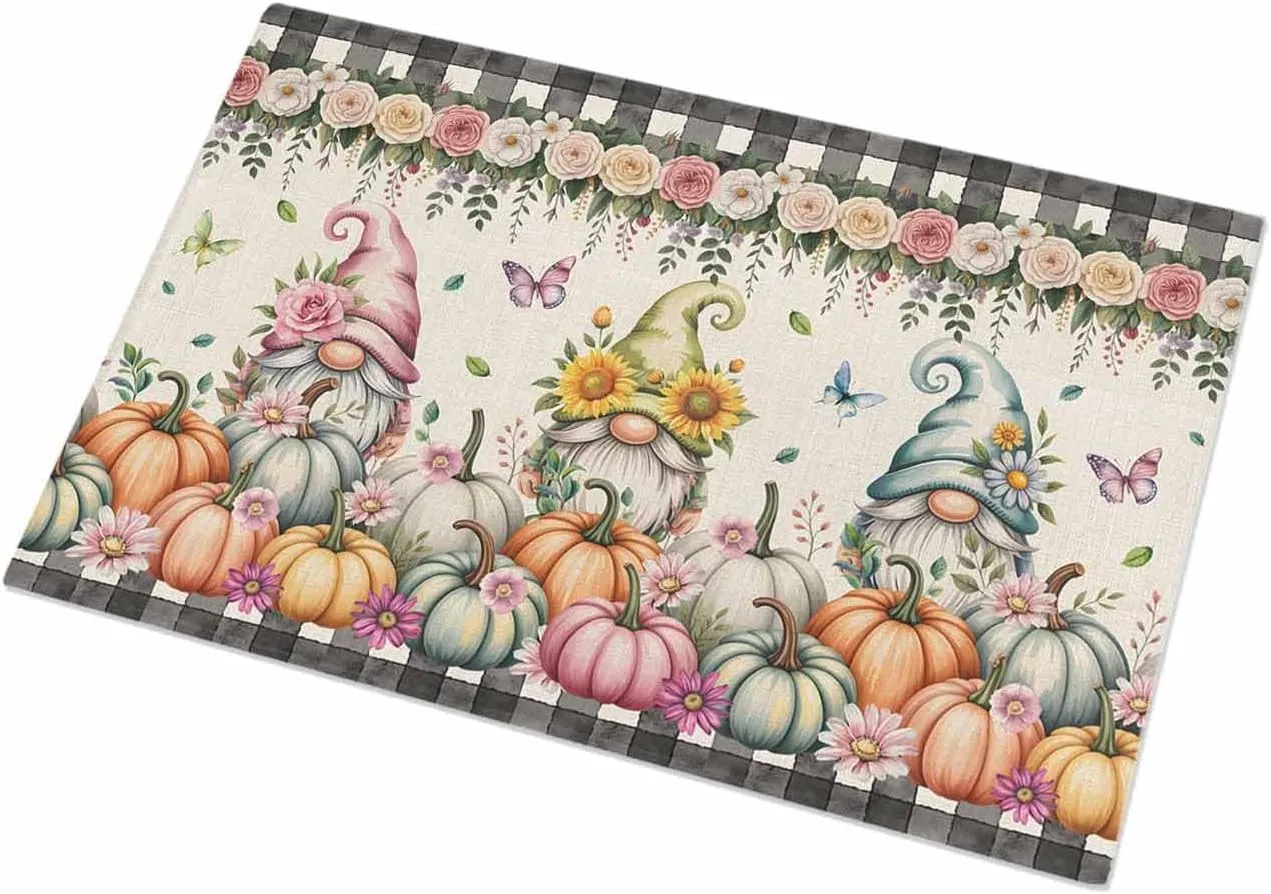 Indoor Doormat Fall Gnoms Pumpkin Sunflower,Shaggy Floor Mat with Non-Skid Backing Classic Black Buffalo on Retro,Machine Washable Plush Area Rug Carpets for Kitchen Nursery Bedroom
