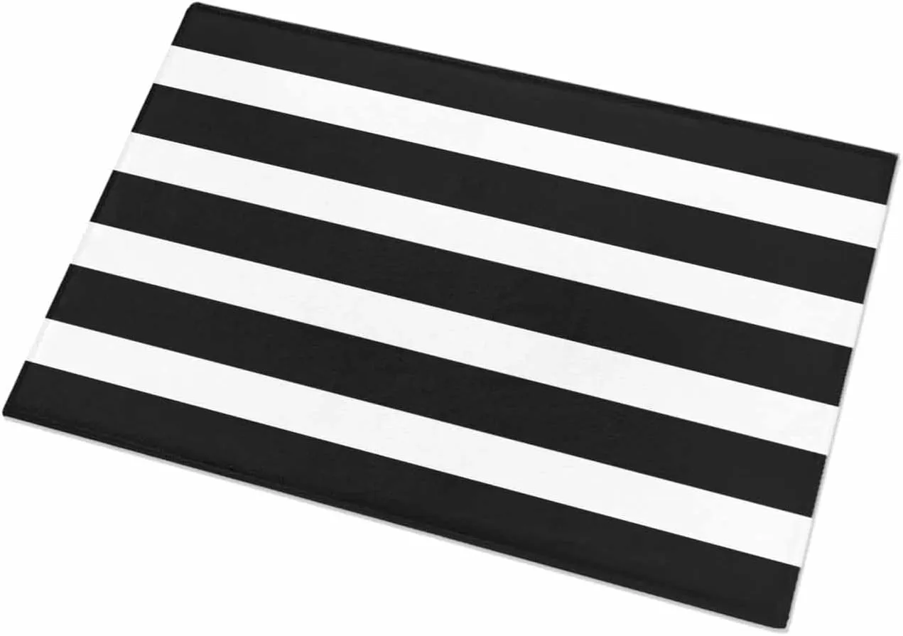 Indoor Doormat Modern Stripes Lines,Shaggy Floor Mat with Non-Skid Backing Classic Black and White,Machine Washable Plush Area Rug Carpets for Kitchen Nursery Bedroom