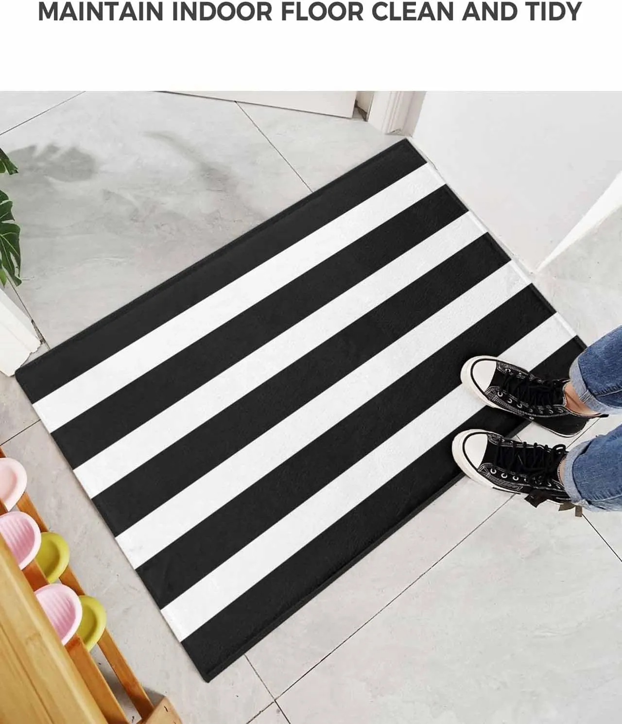 Indoor Doormat Modern Stripes Lines,Shaggy Floor Mat with Non-Skid Backing Classic Black and White,Machine Washable Plush Area Rug Carpets for Kitchen Nursery Bedroom