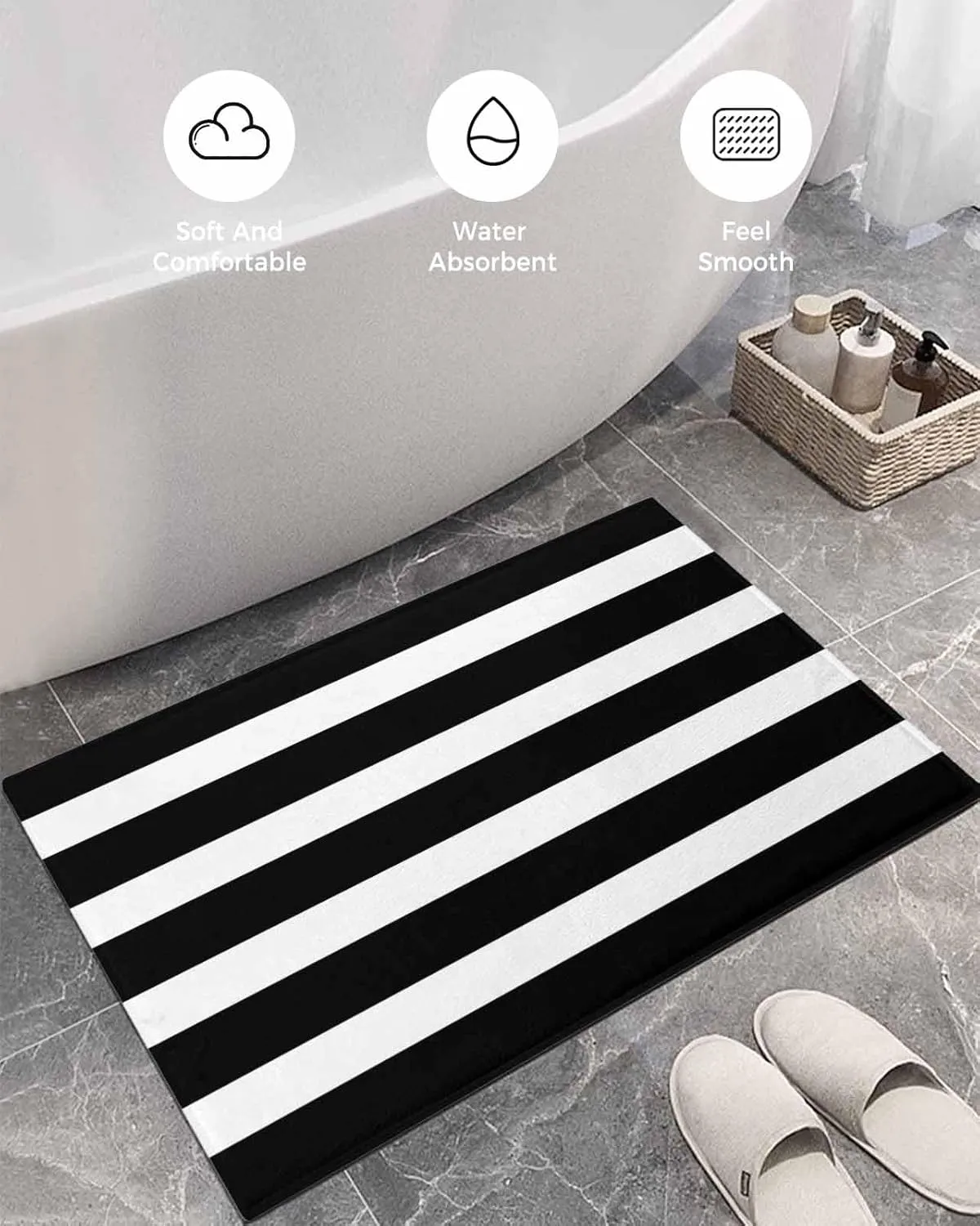 Indoor Doormat Modern Stripes Lines,Shaggy Floor Mat with Non-Skid Backing Classic Black and White,Machine Washable Plush Area Rug Carpets for Kitchen Nursery Bedroom
