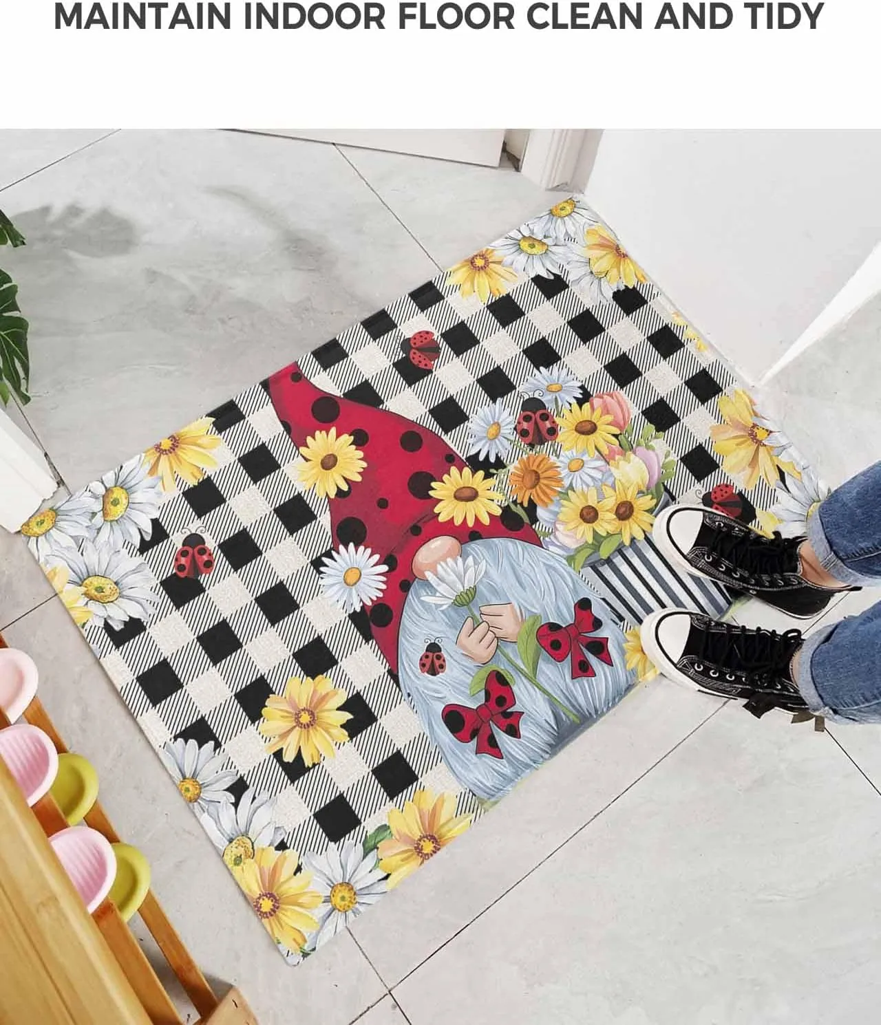 Indoor Doormat Pastoral Gnomes Wildflowers,Shaggy Floor Mat with Non-Skid Backing Classic Black Buffalo Plaid,Machine Washable Plush Area Rug Carpets for Kitchen Nursery Bedroom
