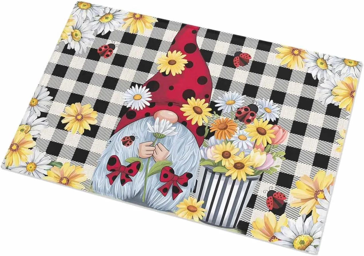 Indoor Doormat Pastoral Gnomes Wildflowers,Shaggy Floor Mat with Non-Skid Backing Classic Black Buffalo Plaid,Machine Washable Plush Area Rug Carpets for Kitchen Nursery Bedroom