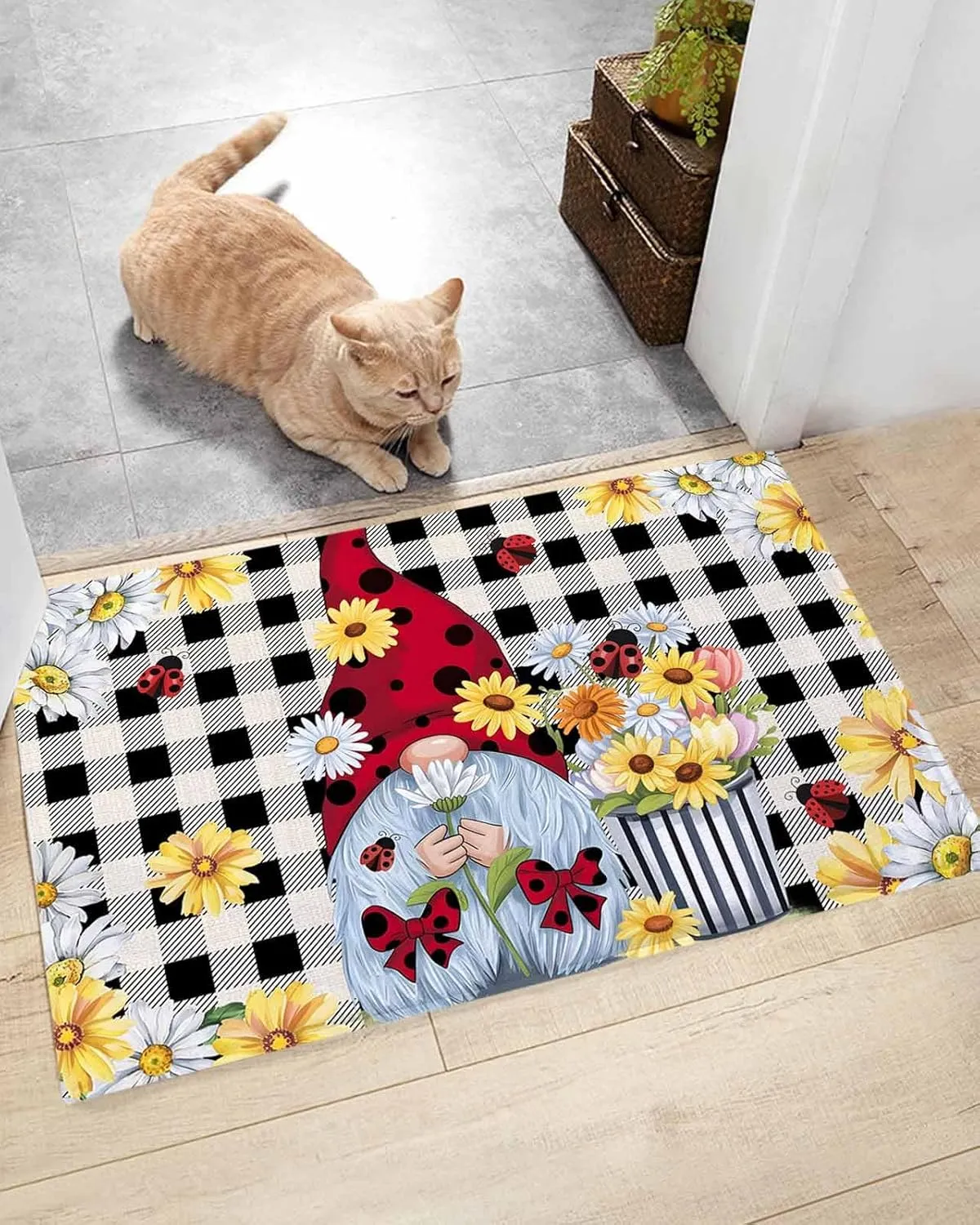 Indoor Doormat Pastoral Gnomes Wildflowers,Shaggy Floor Mat with Non-Skid Backing Classic Black Buffalo Plaid,Machine Washable Plush Area Rug Carpets for Kitchen Nursery Bedroom