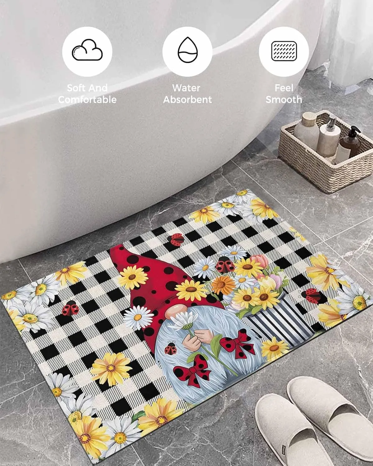 Indoor Doormat Pastoral Gnomes Wildflowers,Shaggy Floor Mat with Non-Skid Backing Classic Black Buffalo Plaid,Machine Washable Plush Area Rug Carpets for Kitchen Nursery Bedroom