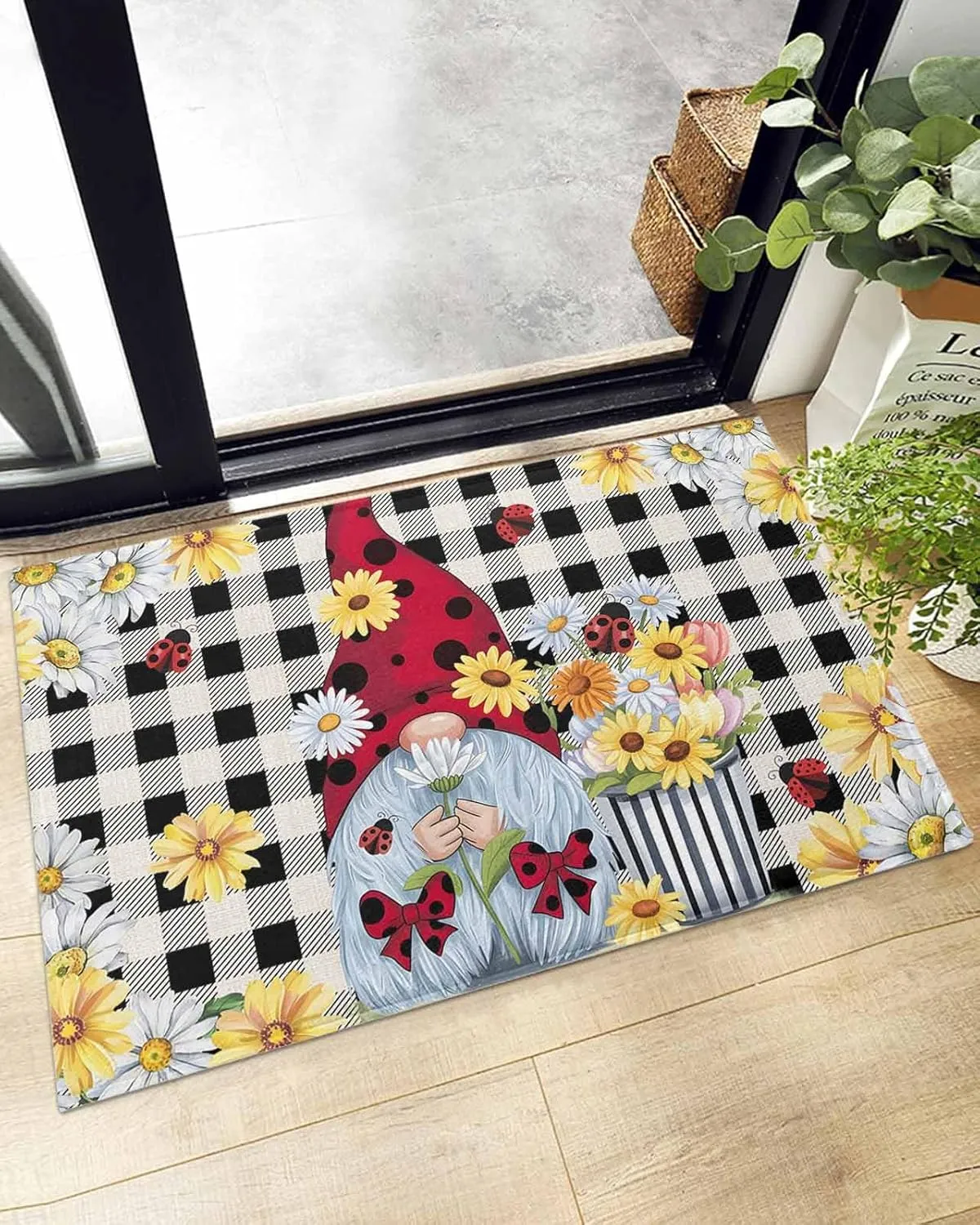 Indoor Doormat Pastoral Gnomes Wildflowers,Shaggy Floor Mat with Non-Skid Backing Classic Black Buffalo Plaid,Machine Washable Plush Area Rug Carpets for Kitchen Nursery Bedroom