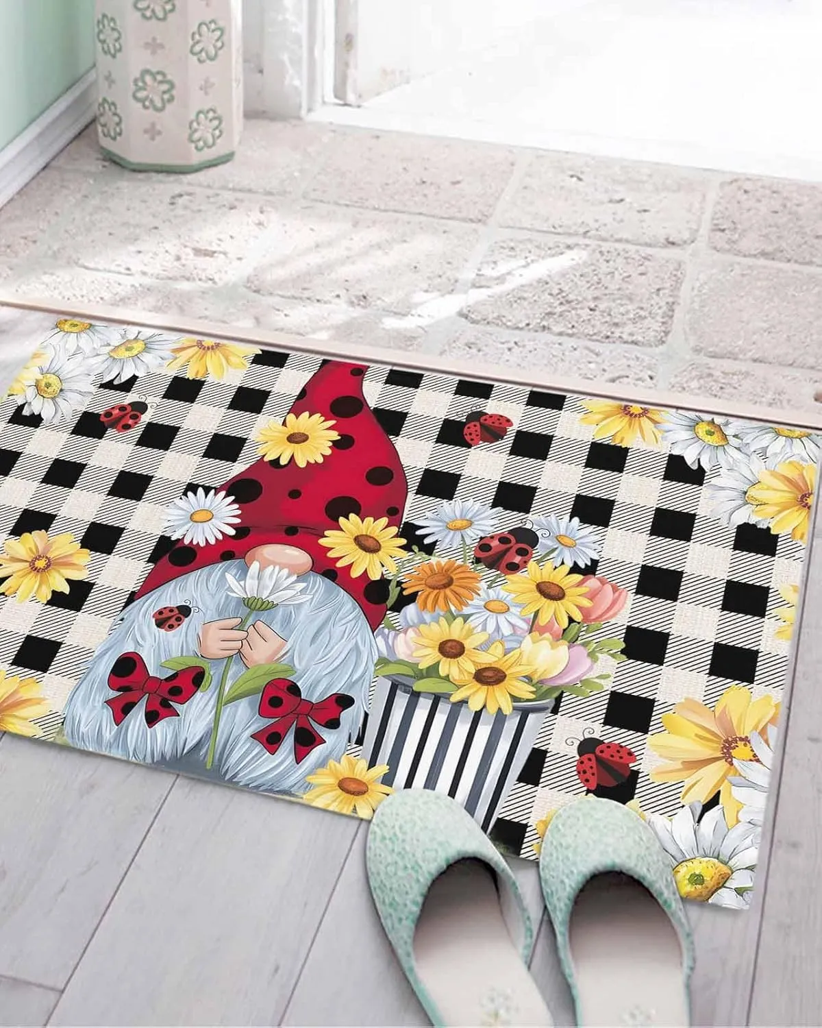 Indoor Doormat Pastoral Gnomes Wildflowers,Shaggy Floor Mat with Non-Skid Backing Classic Black Buffalo Plaid,Machine Washable Plush Area Rug Carpets for Kitchen Nursery Bedroom