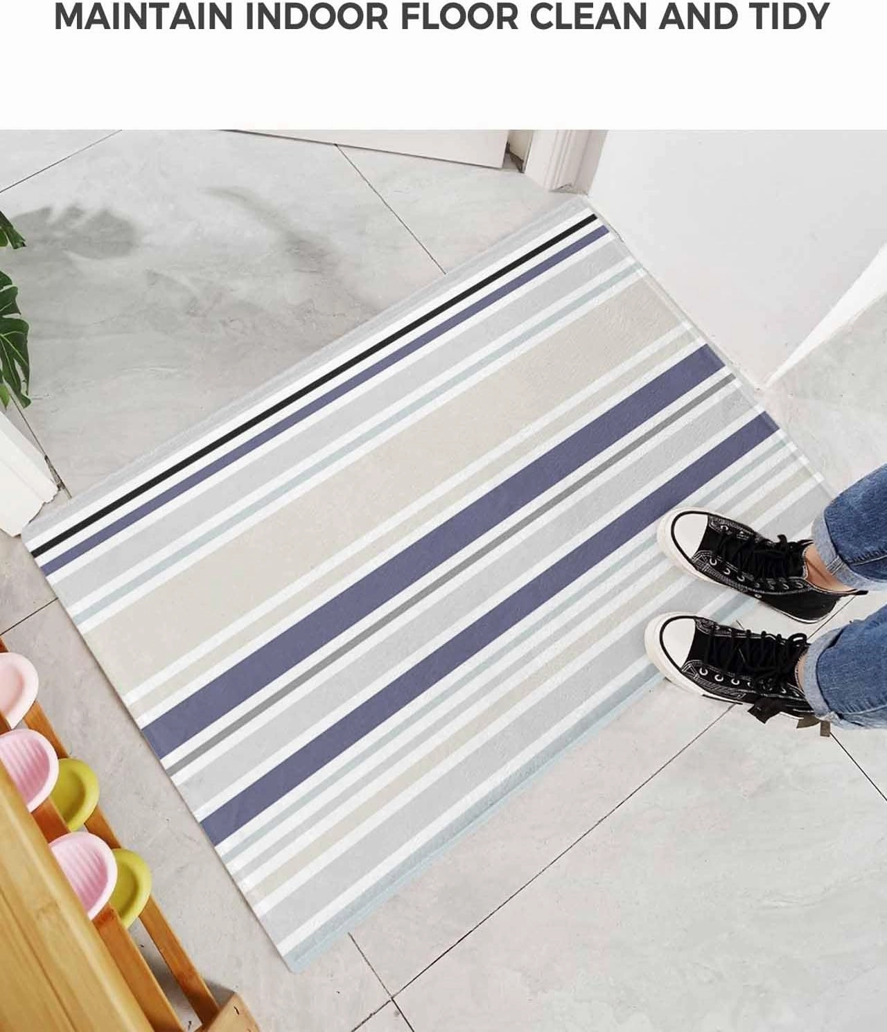 Indoor Doormat Classic Stripes Retro,Shaggy Floor Mat with Non-Skid Backing Blue Beige White,Machine Washable Plush Area Rug Carpets for Kitchen Nursery Bedroom