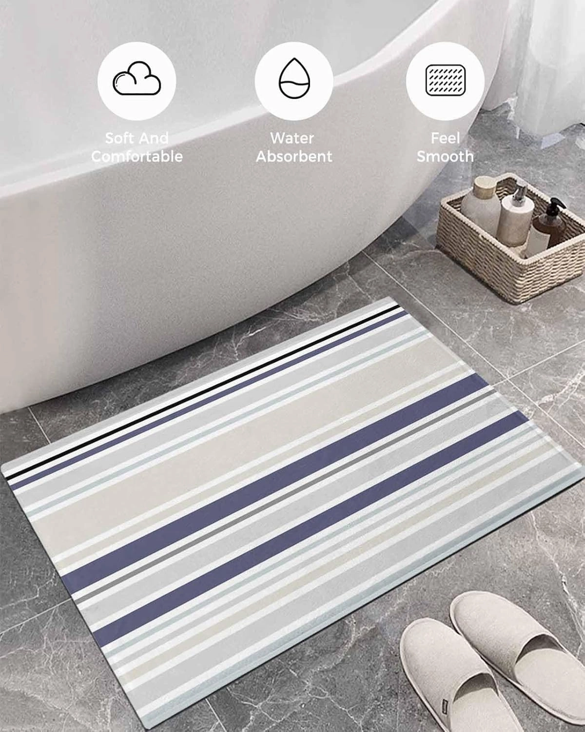 Indoor Doormat Classic Stripes Retro,Shaggy Floor Mat with Non-Skid Backing Blue Beige White,Machine Washable Plush Area Rug Carpets for Kitchen Nursery Bedroom