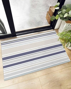 Indoor Doormat Classic Stripes Retro,Shaggy Floor Mat with Non-Skid Backing Blue Beige White,Machine Washable Plush Area Rug Carpets for Kitchen Nursery Bedroom