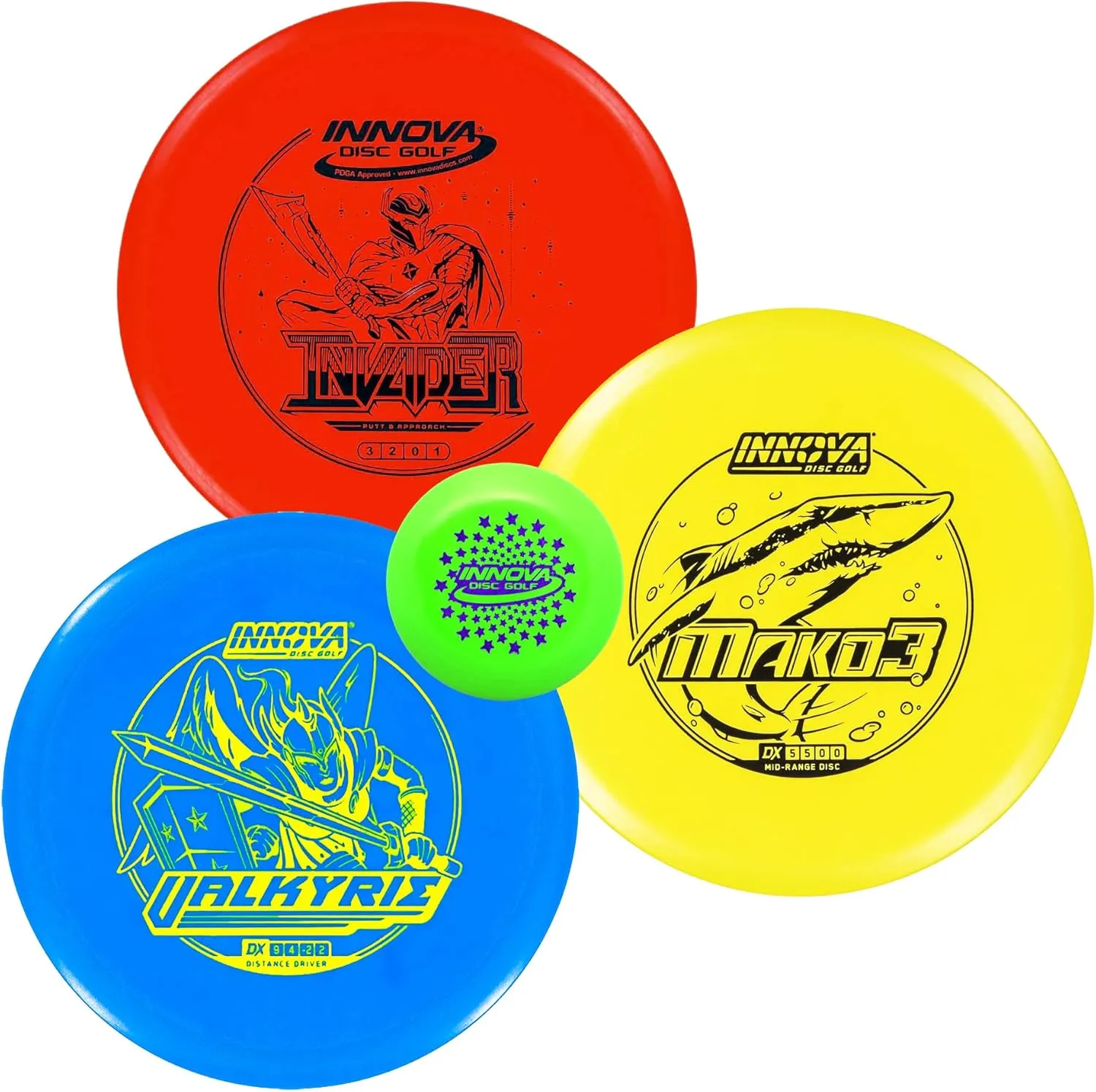 Innova Discs Golf Set 3 Pack - Disc Golf Starter Set for Beginners With Driver, Mid-Range, Putter DX Valkyrie, Invader, Mako3 and Mini