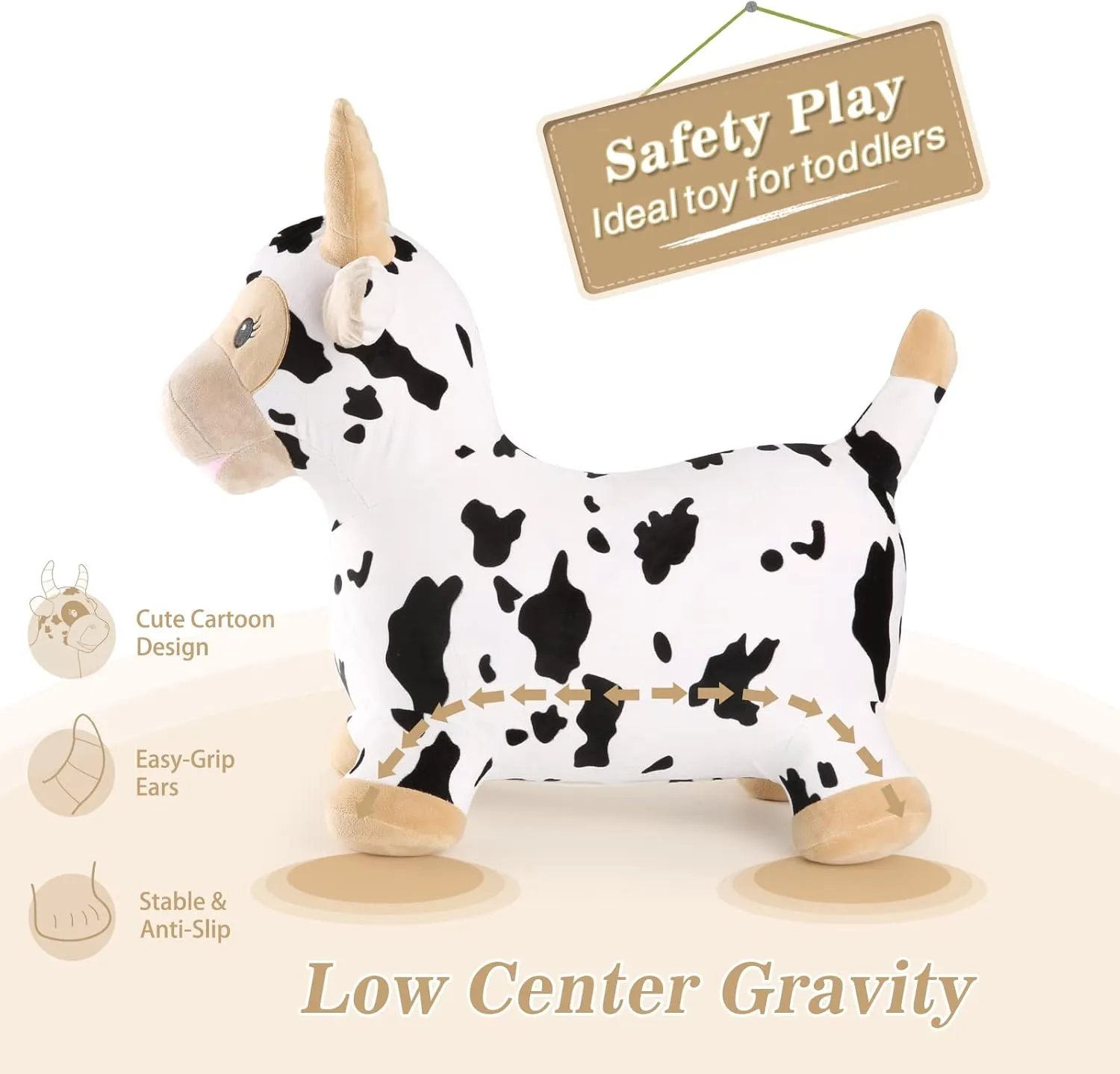 INPANY Bouncy Cow Farm Animal Hopper Toys, Toddler Plush Bouncing Inflatable Bouncer, Ride on Hopping Horse, Indoor Outdoor Cowboy Rodeo Birthday Party Decorations Gifts for 2 3 4 Year Old Girls Boys