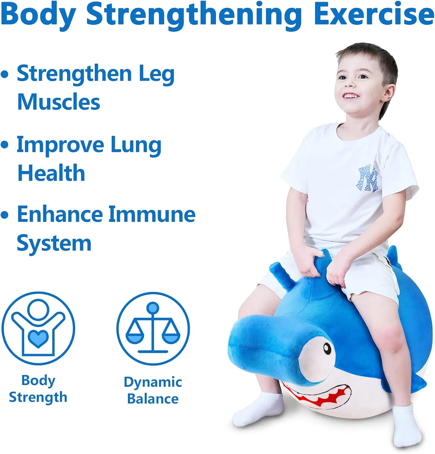 iPlay, iLearn Bouncy Pals Kid Shark Bouncy Balls, Toddler Hammer Head Shark Bouncing Ball W/Handle, Outside Ride Hopper Toy, Outdoor Active Hopping Jumper, Birthday Gift 2 3 4 5 6 Year Old Boy Girl