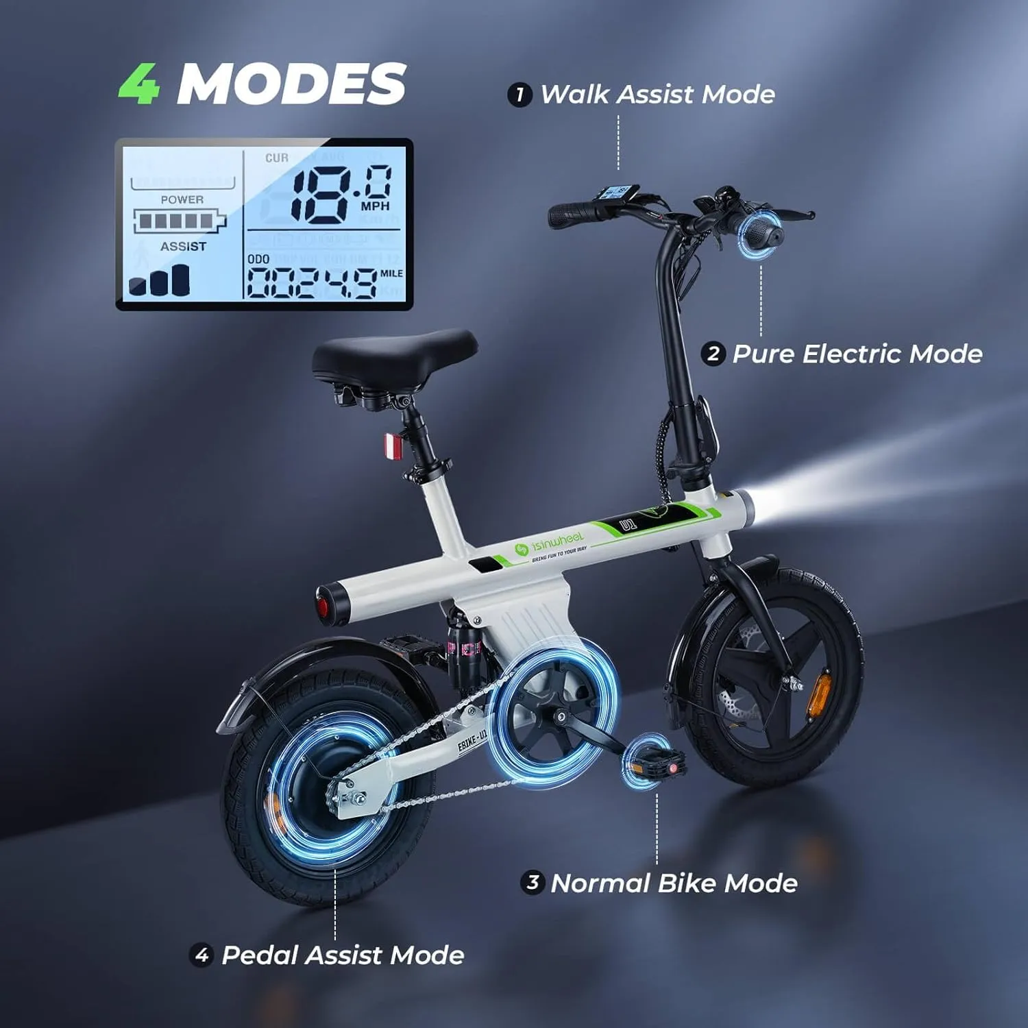 isinwheel U1 Electric Bike for Adults 500W Motor, 20 mph Folding Ebike, 14" Adult Electric Bicycles with Smart Uphill, 280.8Wh Battery, 25 Miles PAS Range, Mini E Bikes for Teens