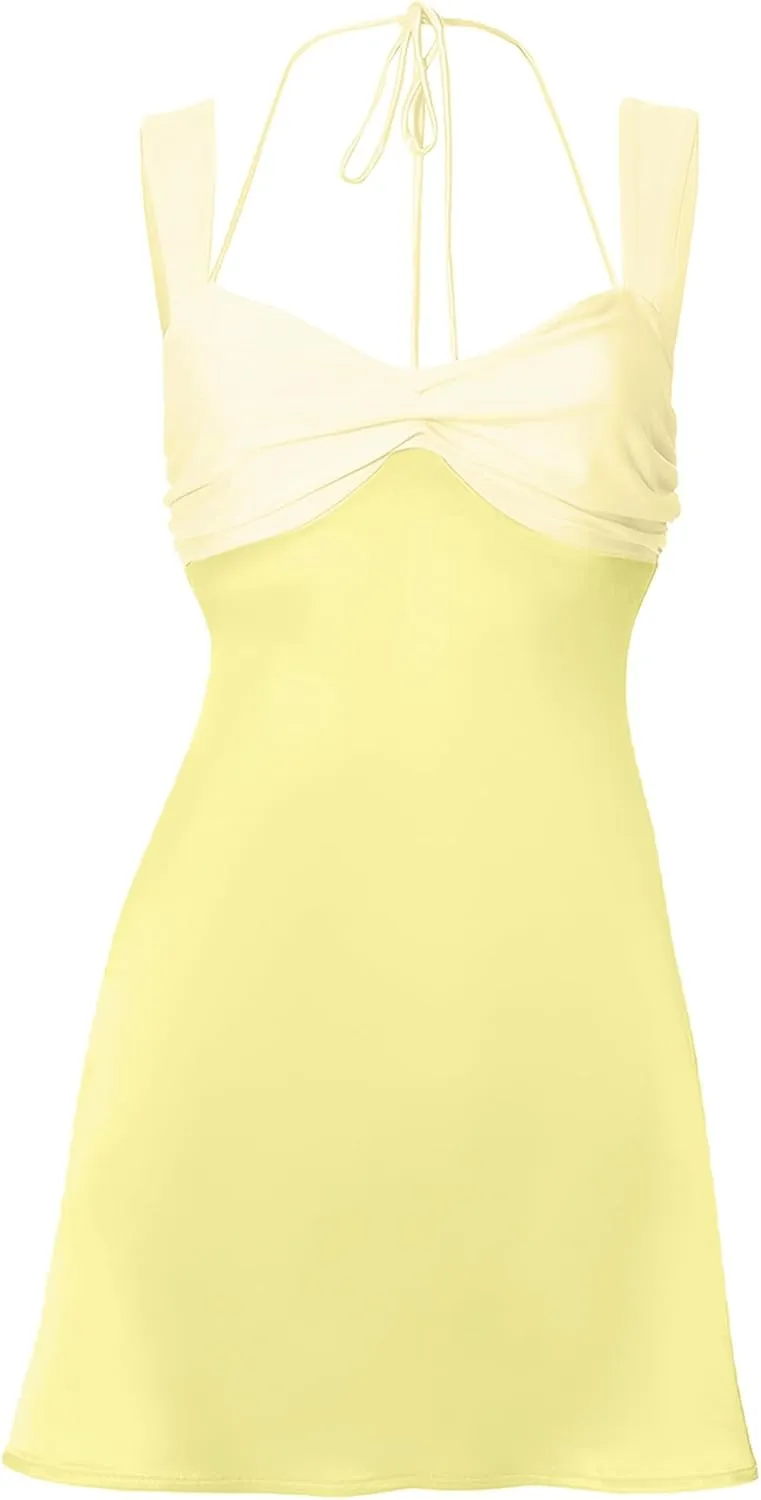 ISZPLUSH Women’s Mini Dress Patchwork Sleeveless Strapless Lace Up High Waist A-line Elegant Party Clubwear Short Dress