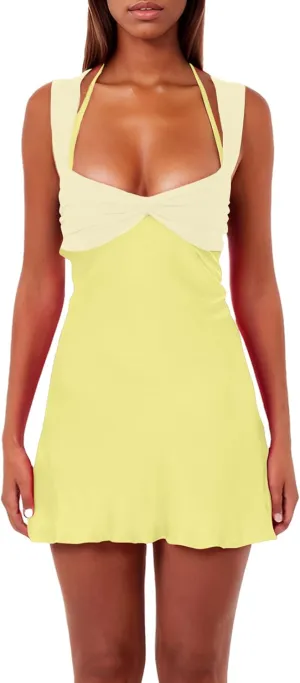 ISZPLUSH Women’s Mini Dress Patchwork Sleeveless Strapless Lace Up High Waist A-line Elegant Party Clubwear Short Dress