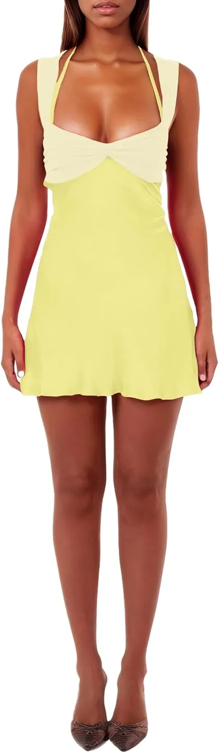 ISZPLUSH Women’s Mini Dress Patchwork Sleeveless Strapless Lace Up High Waist A-line Elegant Party Clubwear Short Dress