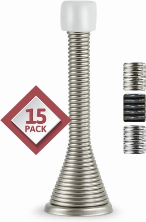 Jack N’ Drill Door Stopper (15 Pack) - 3⅛” Light Duty Spring Door Stop with Flexible Spring and Non-Marking Tip, Door Stops with Finishes to Match Every Home and Office