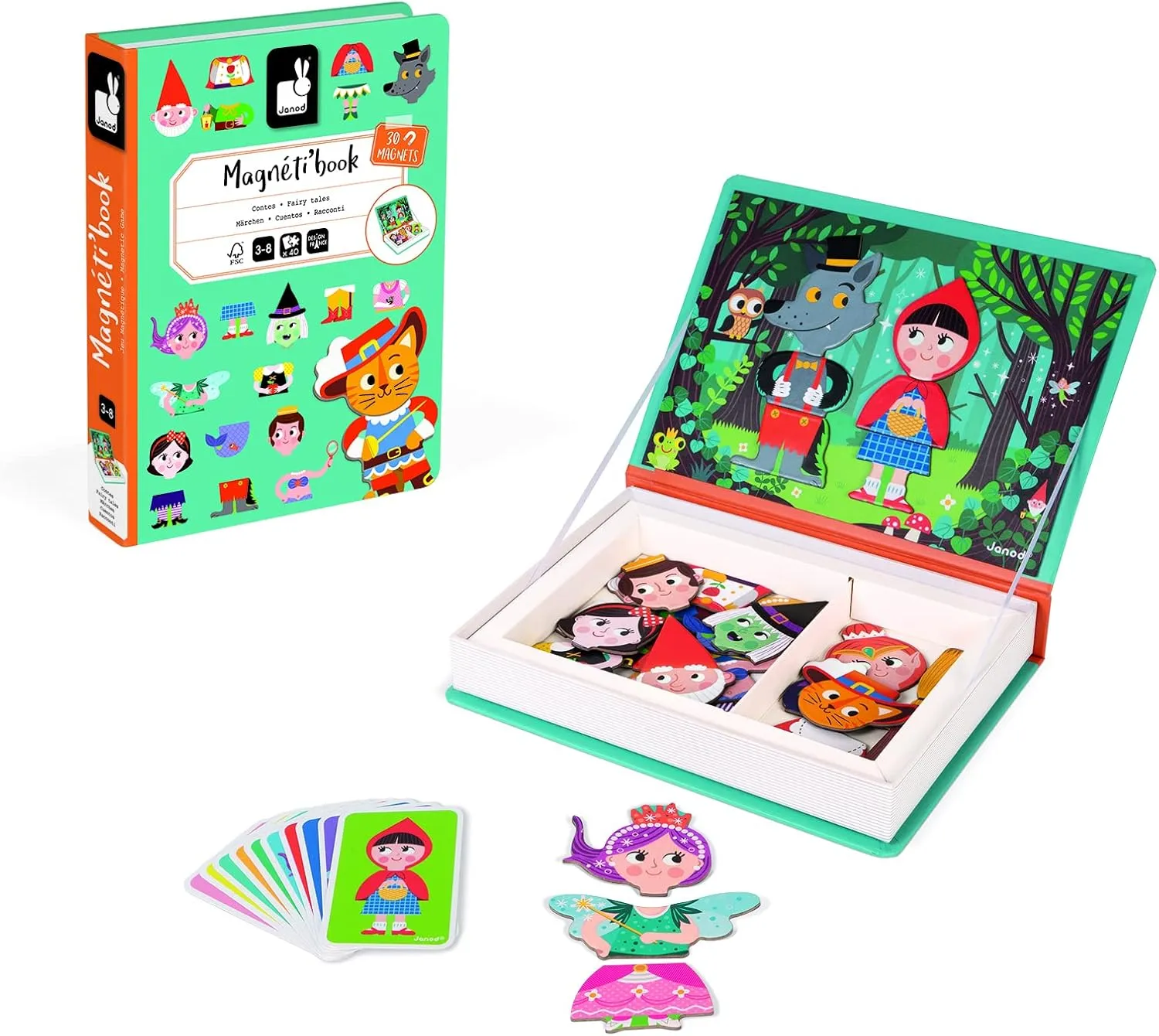 Janod - Magneti'Book Story Book - 40-Piece Magnetic Educational Set - Encourages Motor Skills and Imagination - Suitable for Ages 3 and Up, J02588, White
