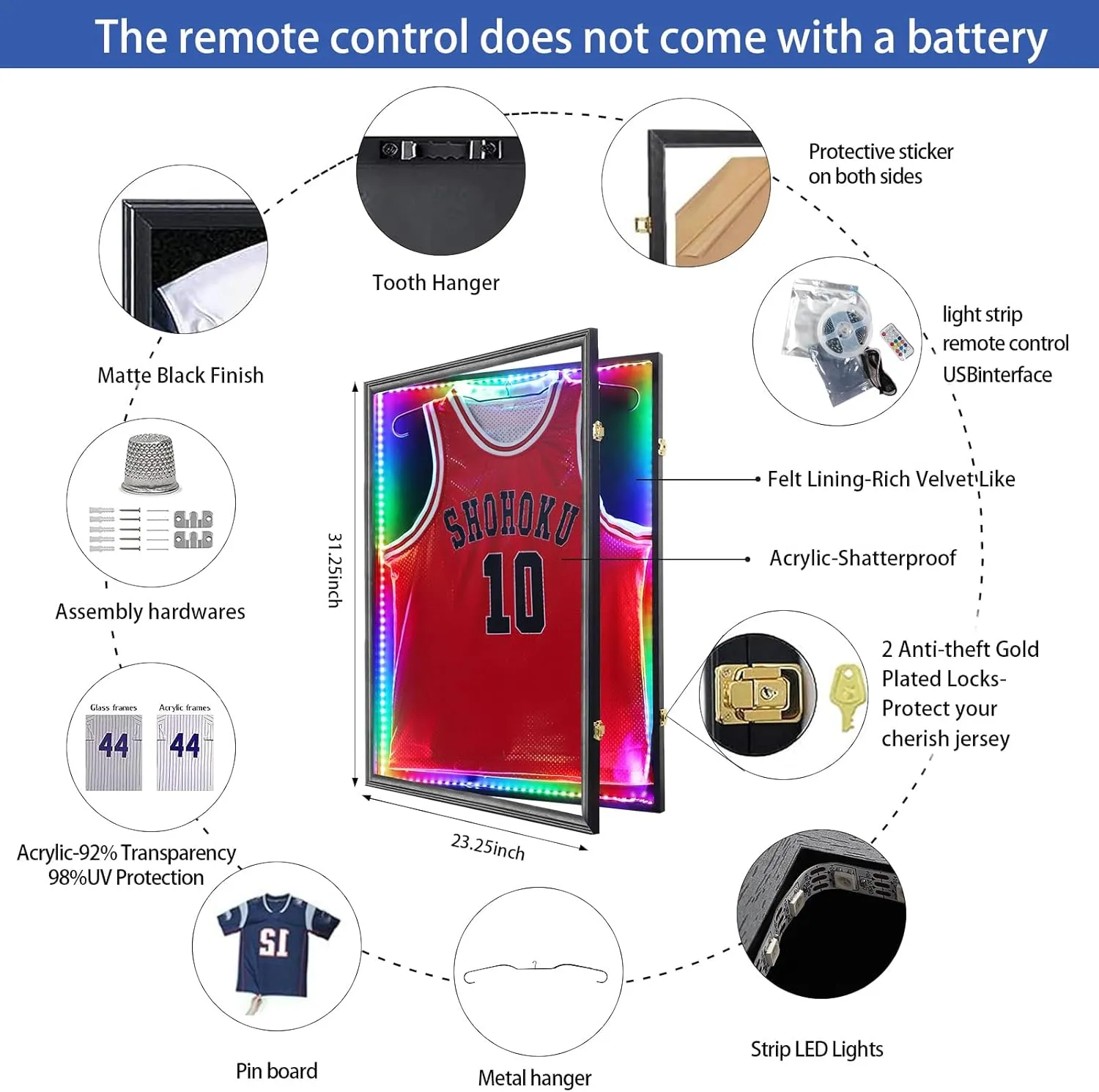 Jersey Frame Display Case,Lockable with Colorful Led Lights Display Box for Jersey Display with UV Protection Acrylic and Hanger for Baseball Basketball Football Hockey Sport Shirt,Black