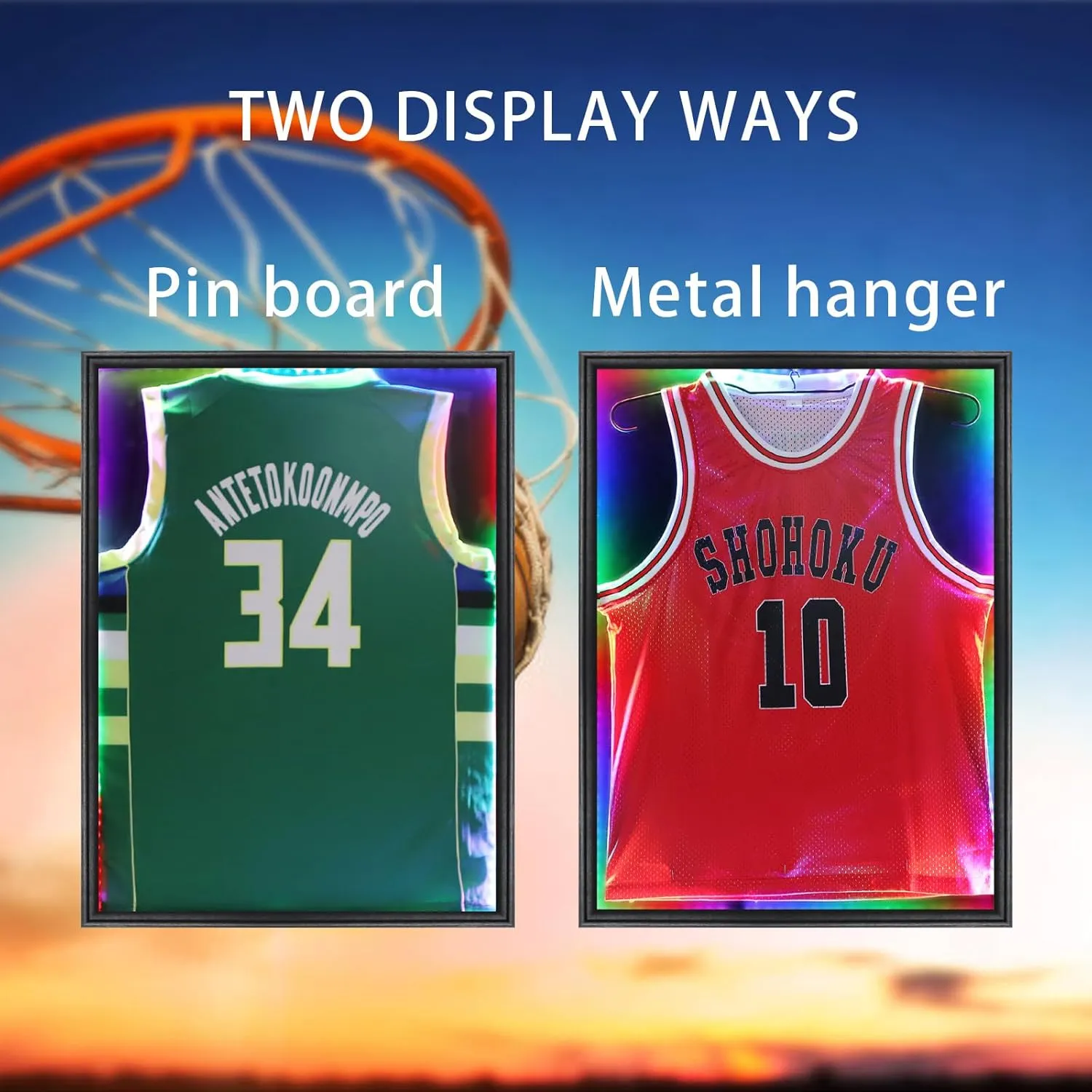 Jersey Frame Display Case,Lockable with Colorful Led Lights Display Box for Jersey Display with UV Protection Acrylic and Hanger for Baseball Basketball Football Hockey Sport Shirt,Black