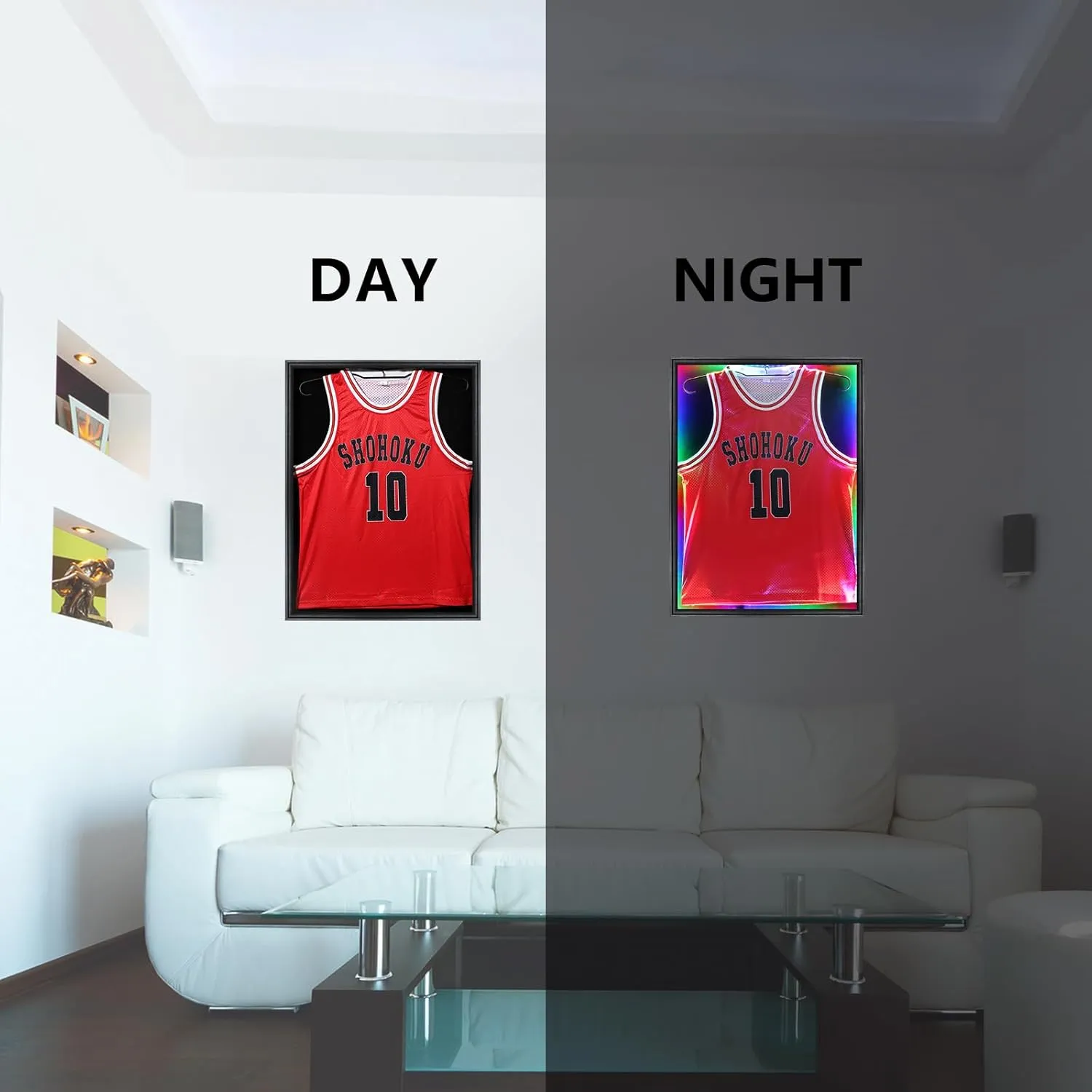 Jersey Frame Display Case,Lockable with Colorful Led Lights Display Box for Jersey Display with UV Protection Acrylic and Hanger for Baseball Basketball Football Hockey Sport Shirt,Black
