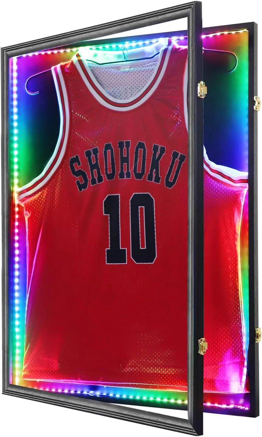 Jersey Frame Display Case,Lockable with Colorful Led Lights Display Box for Jersey Display with UV Protection Acrylic and Hanger for Baseball Basketball Football Hockey Sport Shirt,Black