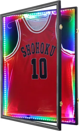 Jersey Frame Display Case,Lockable with Colorful Led Lights Display Box for Jersey Display with UV Protection Acrylic and Hanger for Baseball Basketball Football Hockey Sport Shirt,Black