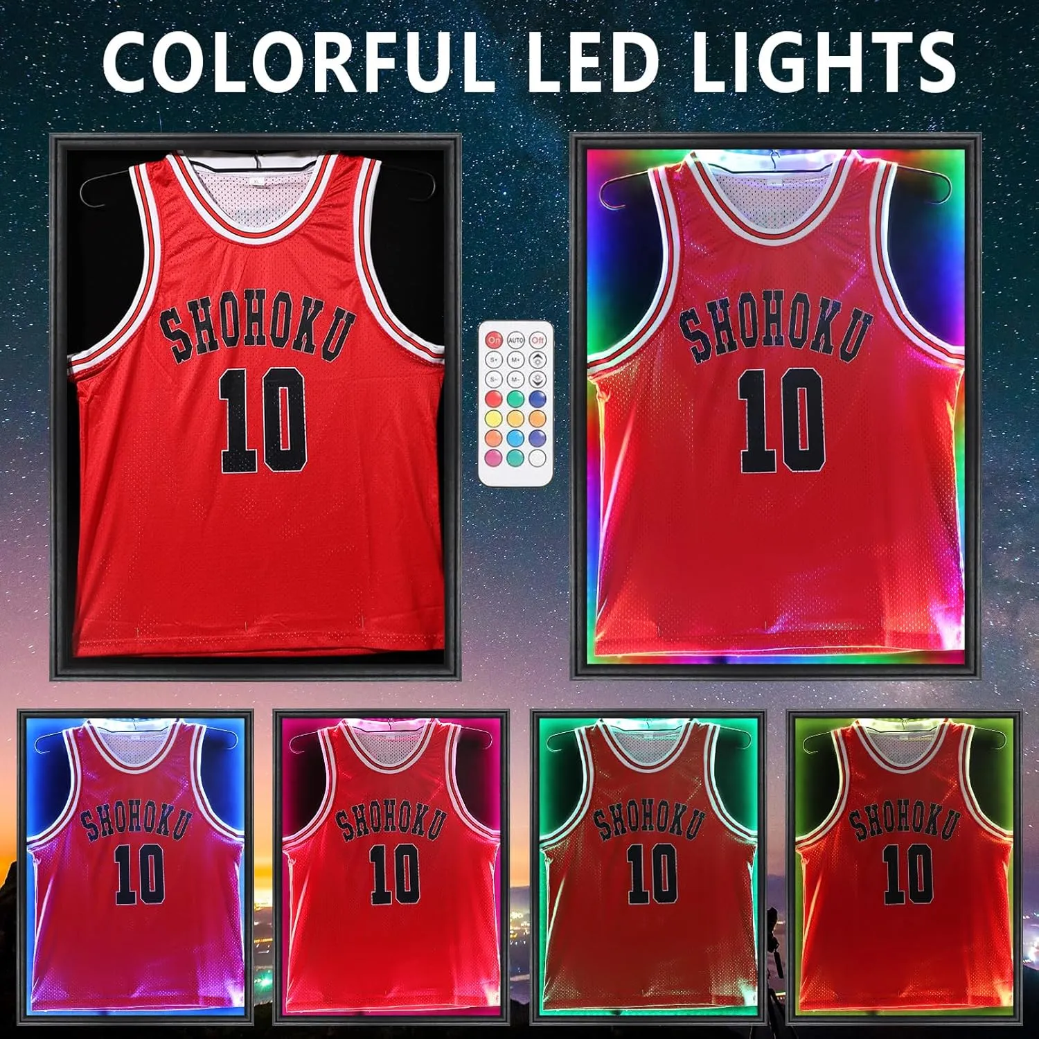 Jersey Frame Display Case,Lockable with Colorful Led Lights Display Box for Jersey Display with UV Protection Acrylic and Hanger for Baseball Basketball Football Hockey Sport Shirt,Black