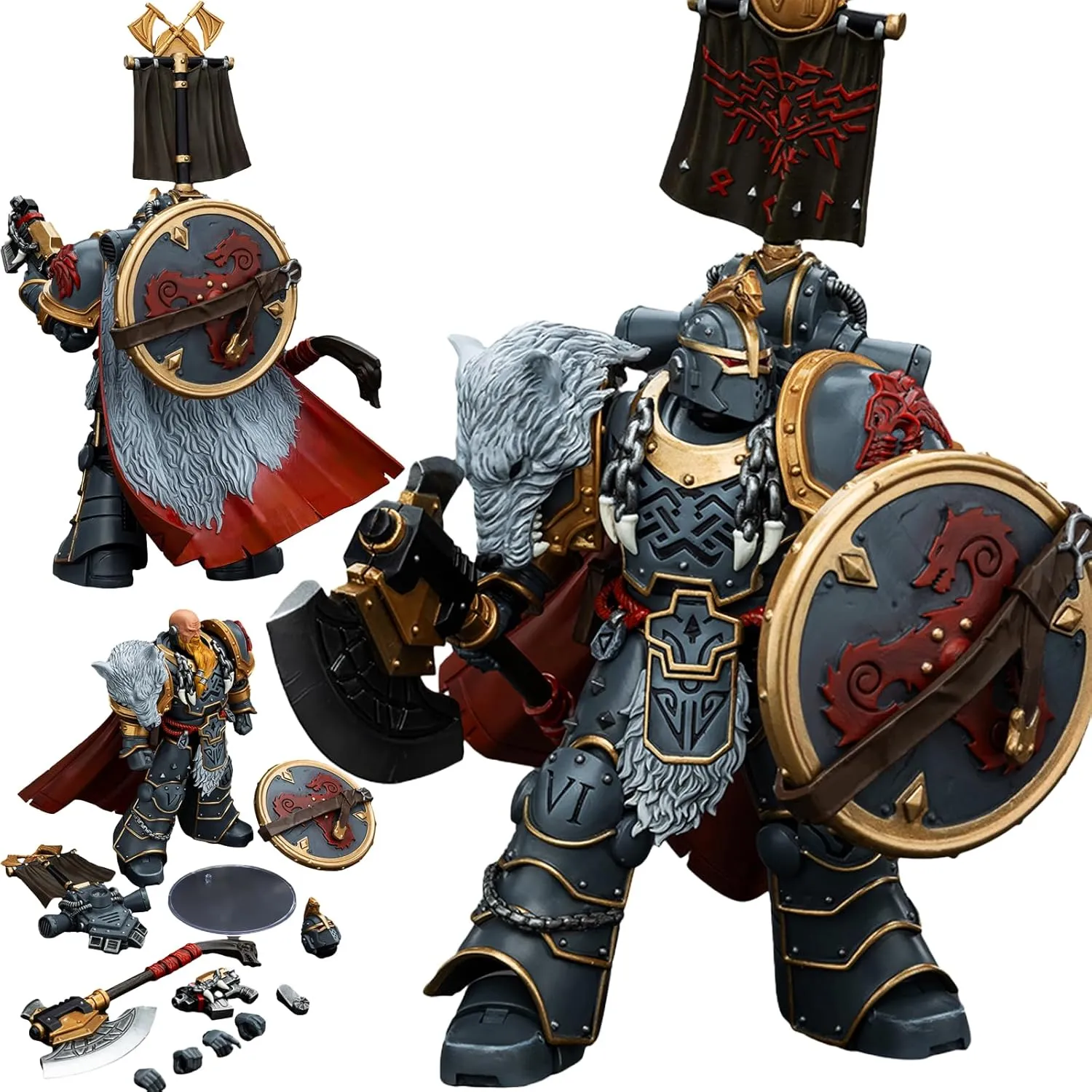 JOYTOY Warhammer 40K Space Wolves 1/18 Action Figures Space Wolves Legion Praetor with Power Axe and Combat Shield Model Collection