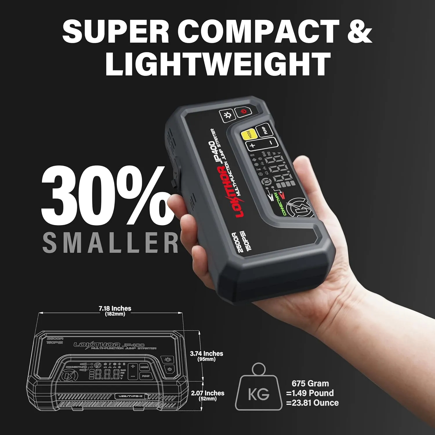 JP400 Jump Starter with Air Compressor, 2500A 12V Car Battery Jumper Starter Portable (8.5L Gas/6.5L Diesel) with ConnectMax Tech, 150PSI Tire Inflator, Auto-Shutoff & Dynamic Dwell