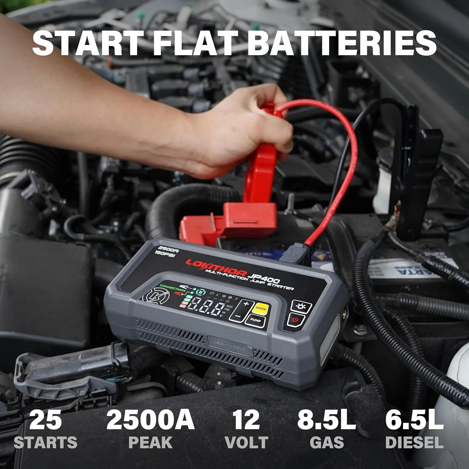 JP400 Jump Starter with Air Compressor, 2500A 12V Car Battery Jumper Starter Portable (8.5L Gas/6.5L Diesel) with ConnectMax Tech, 150PSI Tire Inflator, Auto-Shutoff & Dynamic Dwell