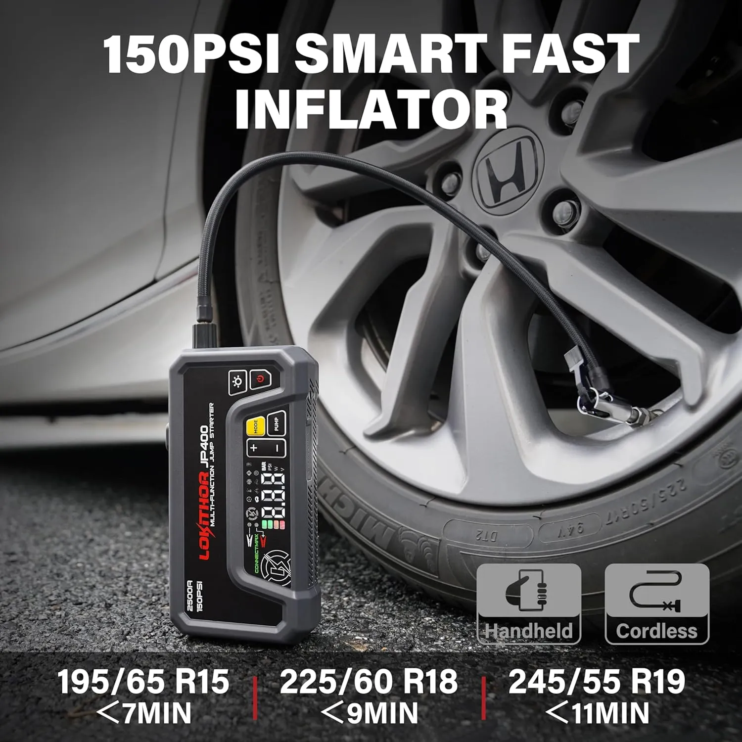 JP400 Jump Starter with Air Compressor, 2500A 12V Car Battery Jumper Starter Portable (8.5L Gas/6.5L Diesel) with ConnectMax Tech, 150PSI Tire Inflator, Auto-Shutoff & Dynamic Dwell