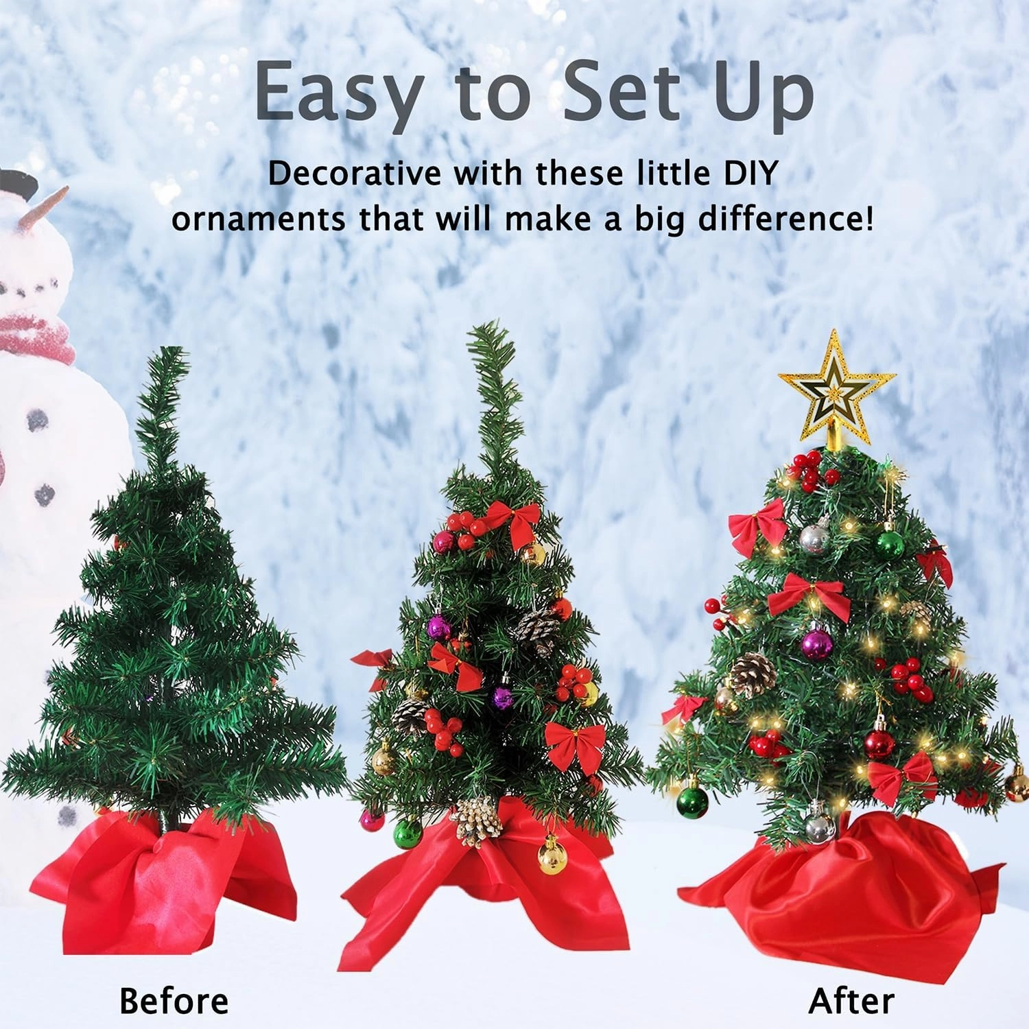 Juegoal 2 Pack Mini Christmas Tree Set 24 Inch / 2 FT, Table Top Artificial Christmas Trees with 50 LED Lights, Xmas Ornaments and Red Berries, Best DIY Christmas Decorations