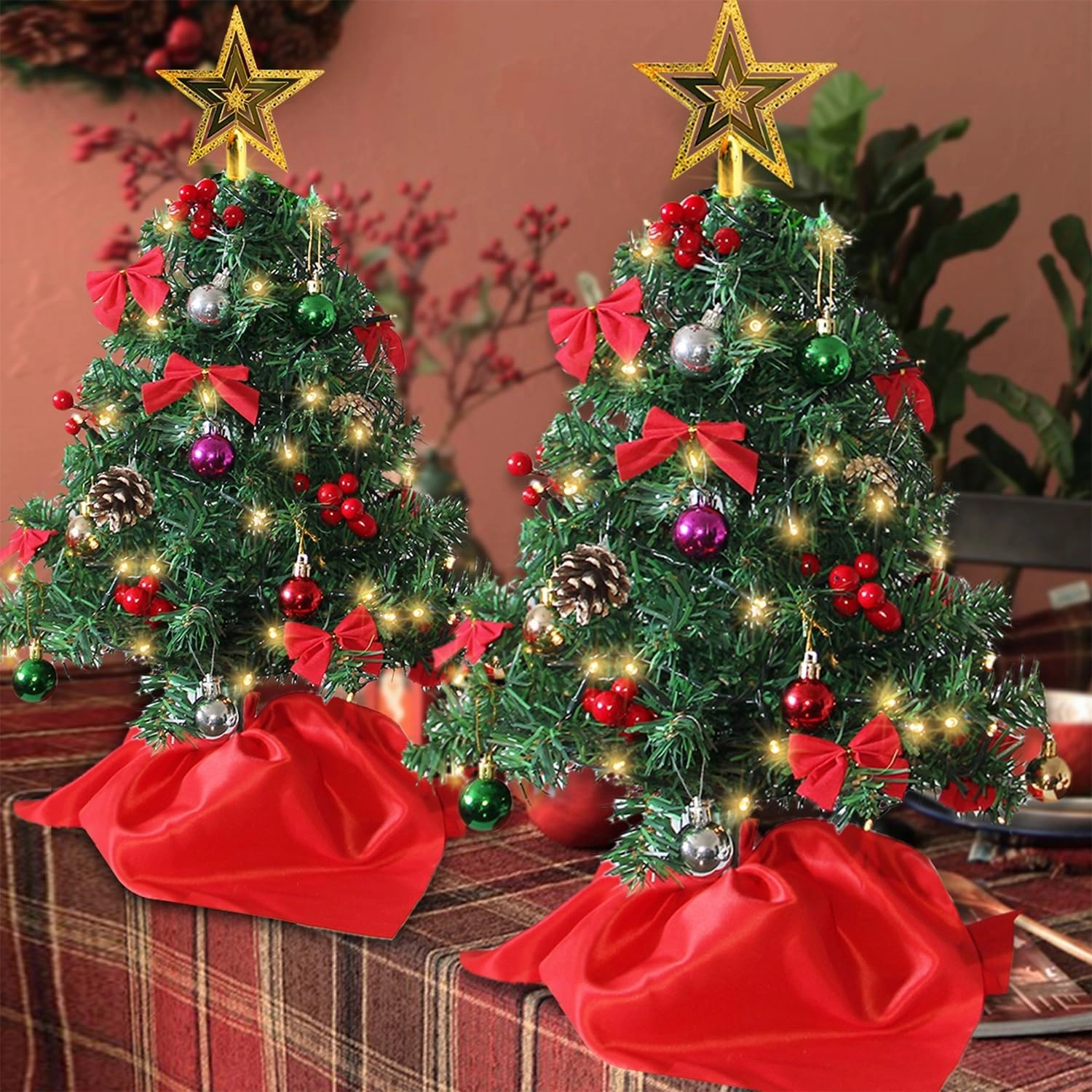 Juegoal 2 Pack Mini Christmas Tree Set 24 Inch / 2 FT, Table Top Artificial Christmas Trees with 50 LED Lights, Xmas Ornaments and Red Berries, Best DIY Christmas Decorations