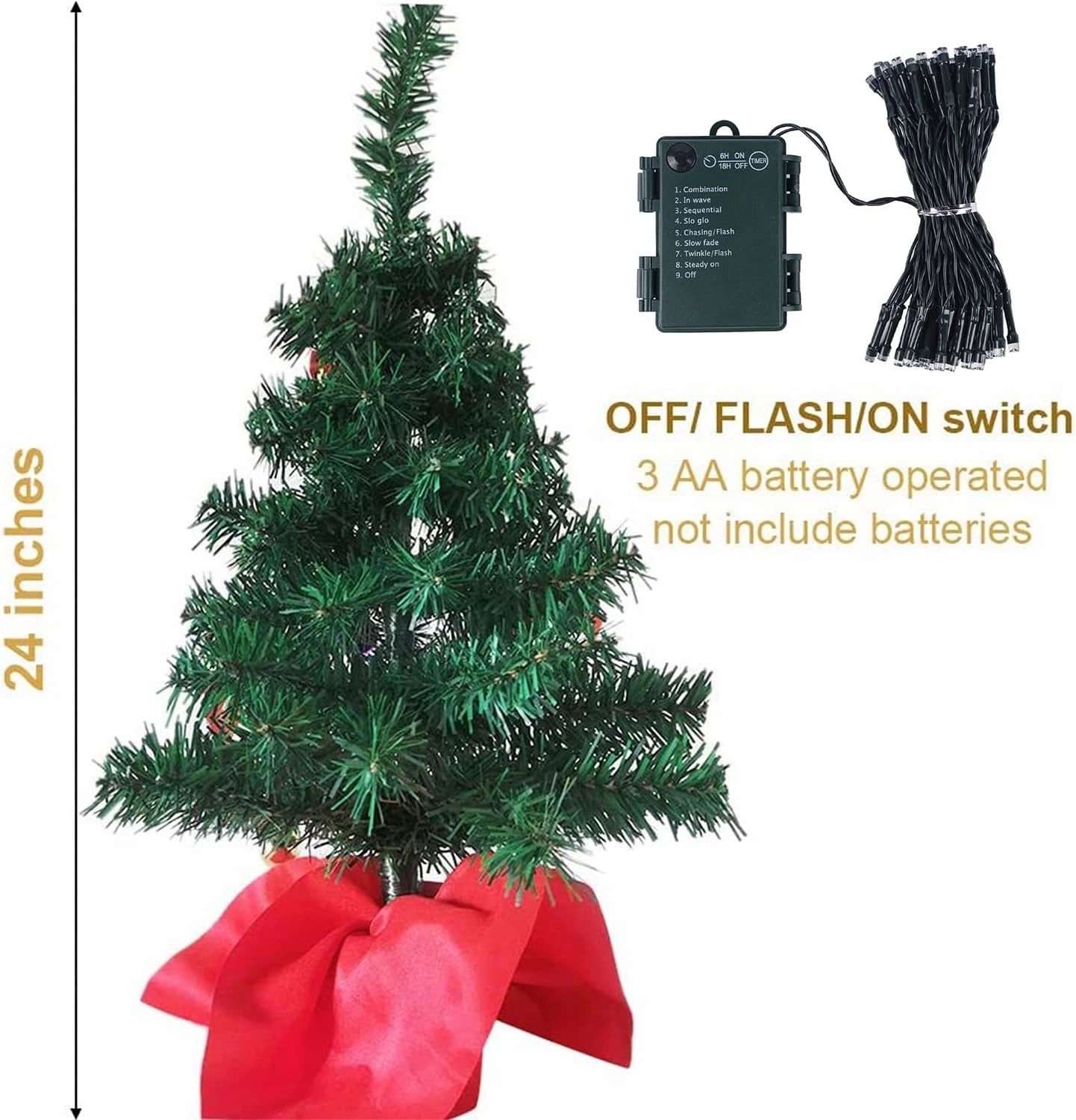 Juegoal 2 Pack Mini Christmas Tree Set 24 Inch / 2 FT, Table Top Artificial Christmas Trees with 50 LED Lights, Xmas Ornaments and Red Berries, Best DIY Christmas Decorations