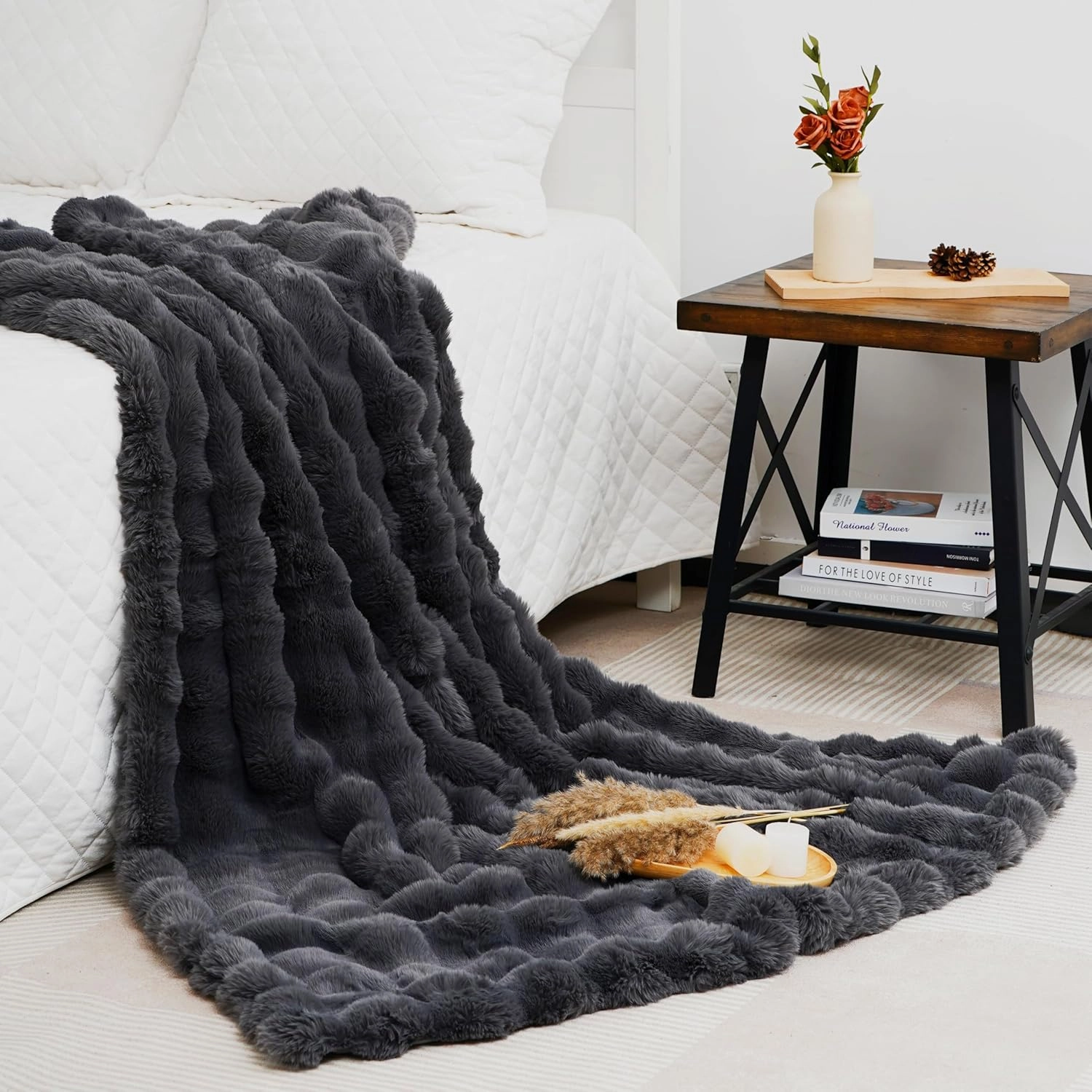 July Soft Bubble Fleece Throw Blanket for Couch, Faux Fur Blanket for Bed, Reversible Cozy Plush Blanket for Sofa, Mother's Day Cozy Gifts, Machine Washable, 50" x 60", Dark Gray, SC-DG5060