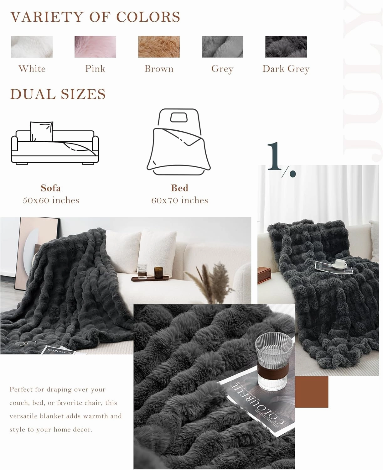 July Soft Bubble Fleece Throw Blanket for Couch, Faux Fur Blanket for Bed, Reversible Cozy Plush Blanket for Sofa, Mother's Day Cozy Gifts, Machine Washable, 50" x 60", Dark Gray, SC-DG5060
