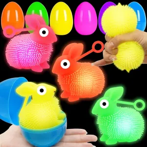 Jumbo 4" Easter Eggs Filled LED Bunny Puffer Balls , 8 Pack Light Up Bunny Squeeze Balls Toys for Kids Glow in The Dark for Kids Teens Boys Girls Easter Basket Stuffers Hunt Party Favor