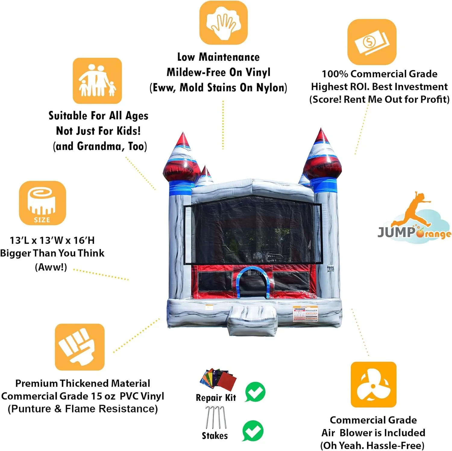 JumpOrange Titanium Commercial Grade Bounce House 13x13 for Kids and Adults (with Blower), Basketball Hoop, Outdoor Indoor, Bouncer Jumper, Birthday Party, Rental Grade, Big Inflatable