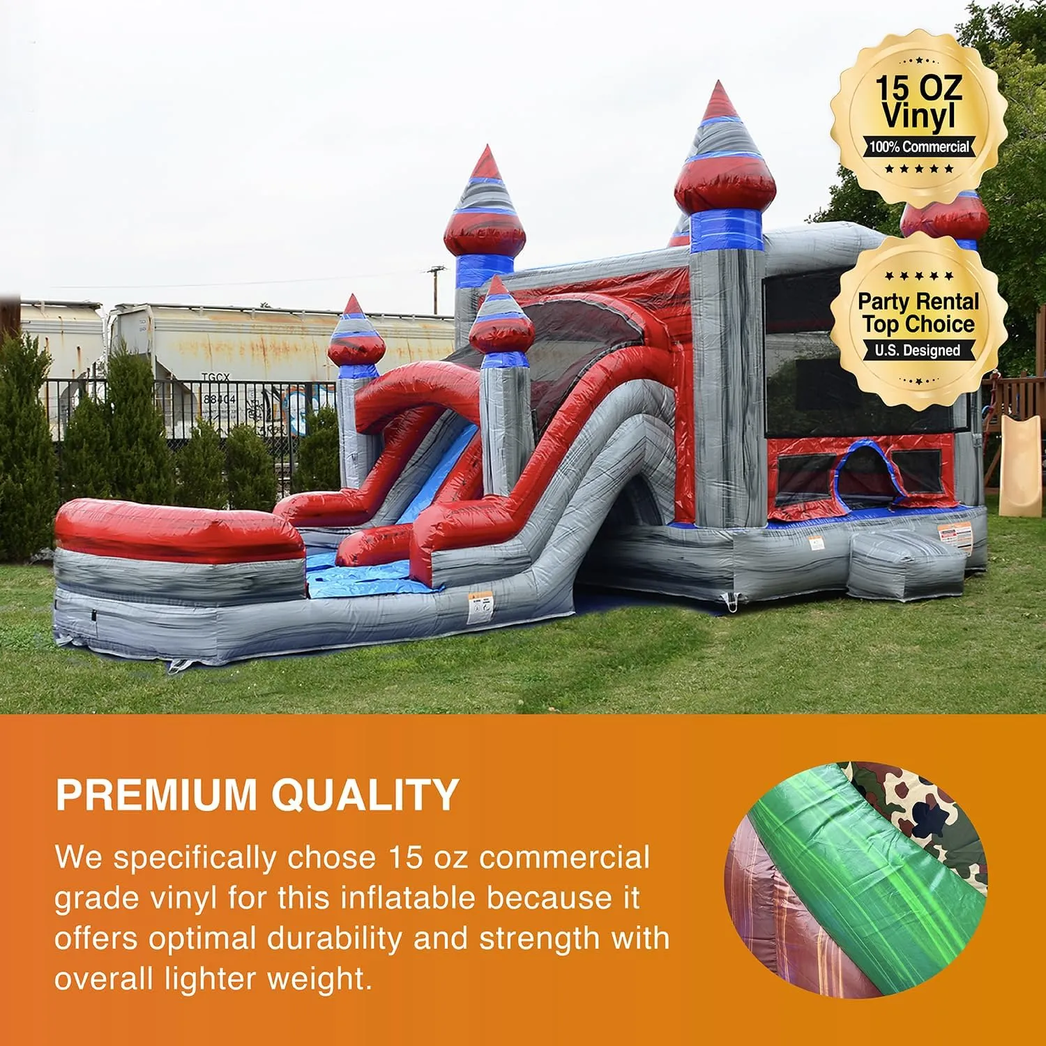 JumpOrange Titanium Commercial Grade Bounce House Water Slide Combo with Pool for Kids and Adults (with Blower), Basketball Hoop, Wet Dry Use, Outdoor Indoor, Birthday Party, Rental Quality