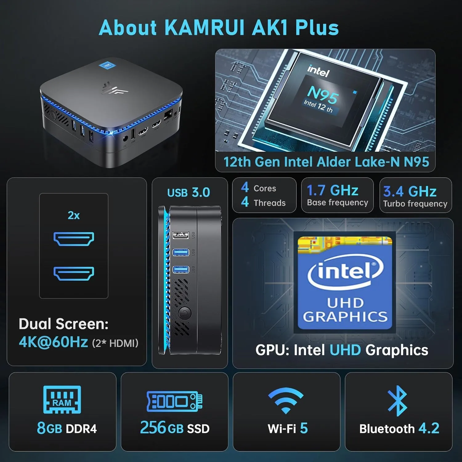 KAMRUI AK1PLUS N95 Mini PC, Intel Processor N95 (up to 3.4GHz), 8GB DDR4 RAM 256GB M.2 SSD, Desktop Computer 11 PRO Support 2.5" SSD, Dual 4K, WiFi, Ethernet for Business, Office, Home