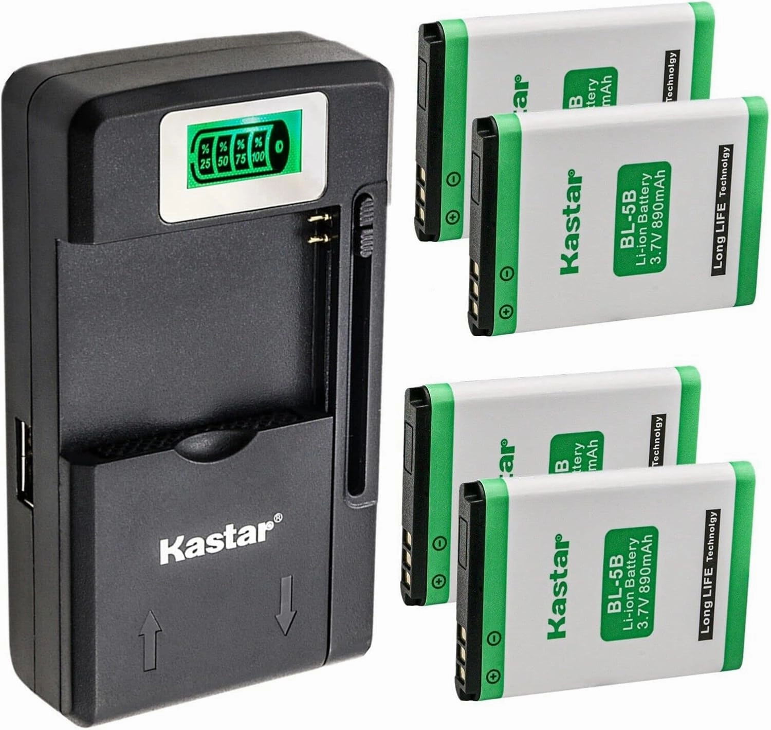 Kastar 4-Pack BL-5B Battery and Smart LCD Charger Replacement for SVP GBLi885-7 NV1, Nok BL-5B, Vertu BL-5V, CS-NK5BXL GPS Navigation, Aligator D100, Mustang M31, Topblue V2.0 blu, Maxcom MM131