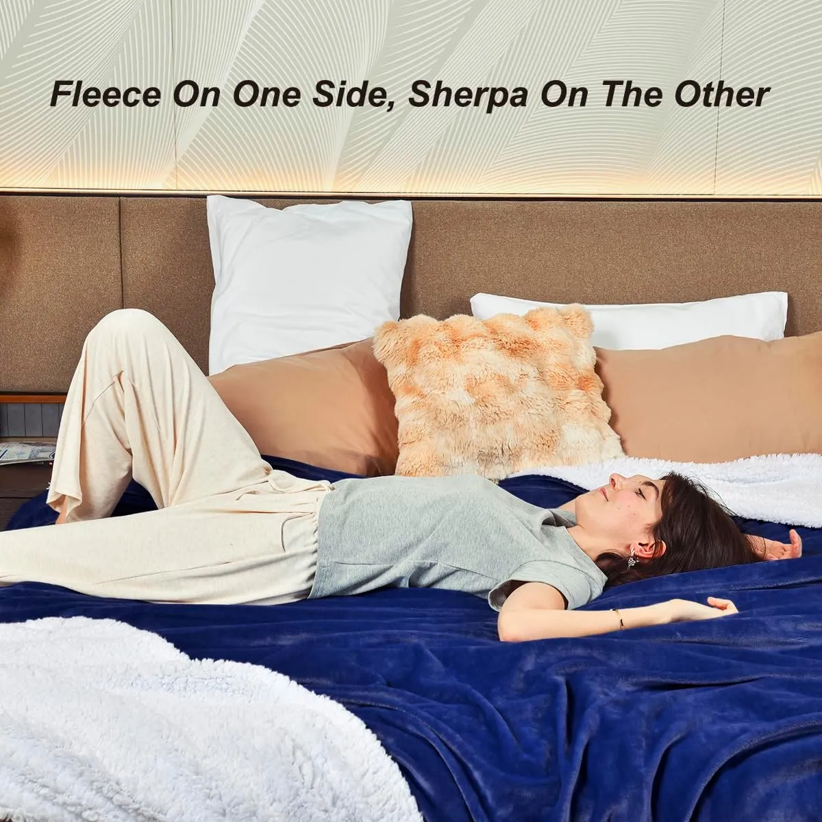 KAWAHOME Sherpa Fleece Queen Size Blanket for Bed - Extra Warm and Heavy Thick Blankets for Winter, Super Soft 500GSM Plush Blanket, 90"X 90" Navy Blue