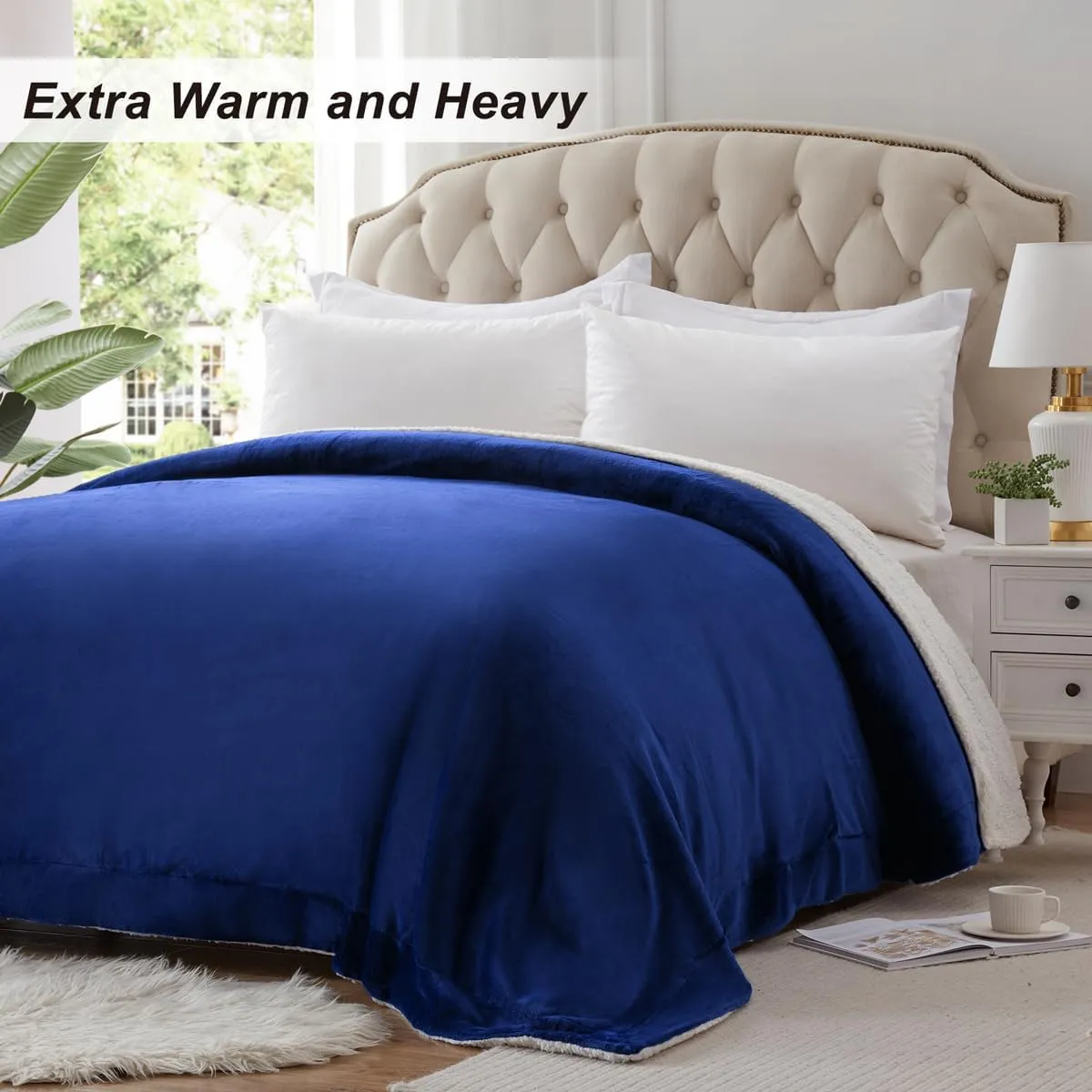 KAWAHOME Sherpa Fleece Queen Size Blanket for Bed - Extra Warm and Heavy Thick Blankets for Winter, Super Soft 500GSM Plush Blanket, 90"X 90" Navy Blue