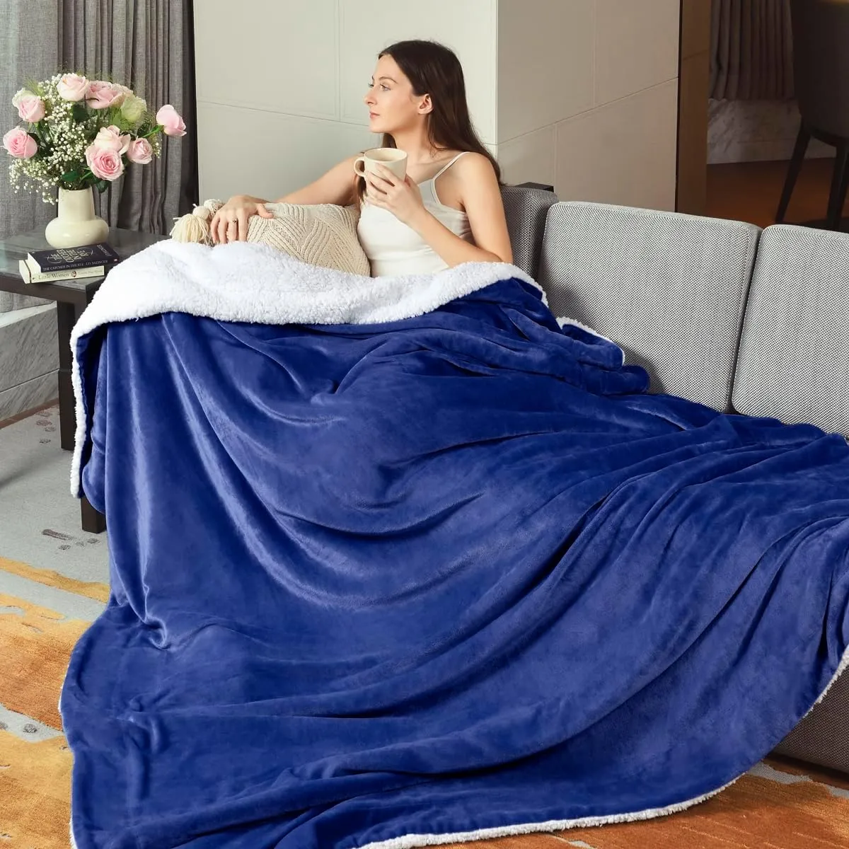 KAWAHOME Sherpa Fleece Queen Size Blanket for Bed - Extra Warm and Heavy Thick Blankets for Winter, Super Soft 500GSM Plush Blanket, 90"X 90" Navy Blue